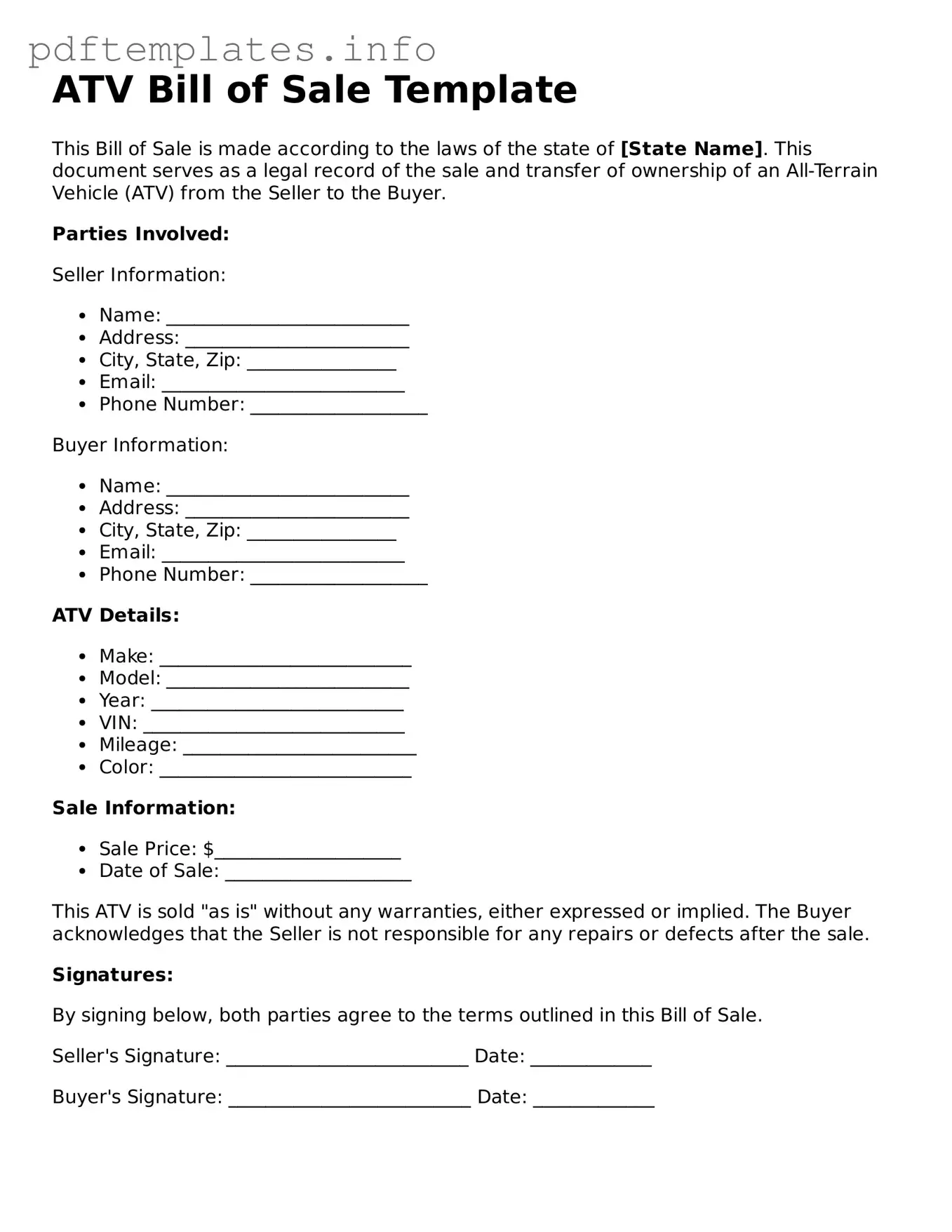 Printable ATV Bill of Sale Form