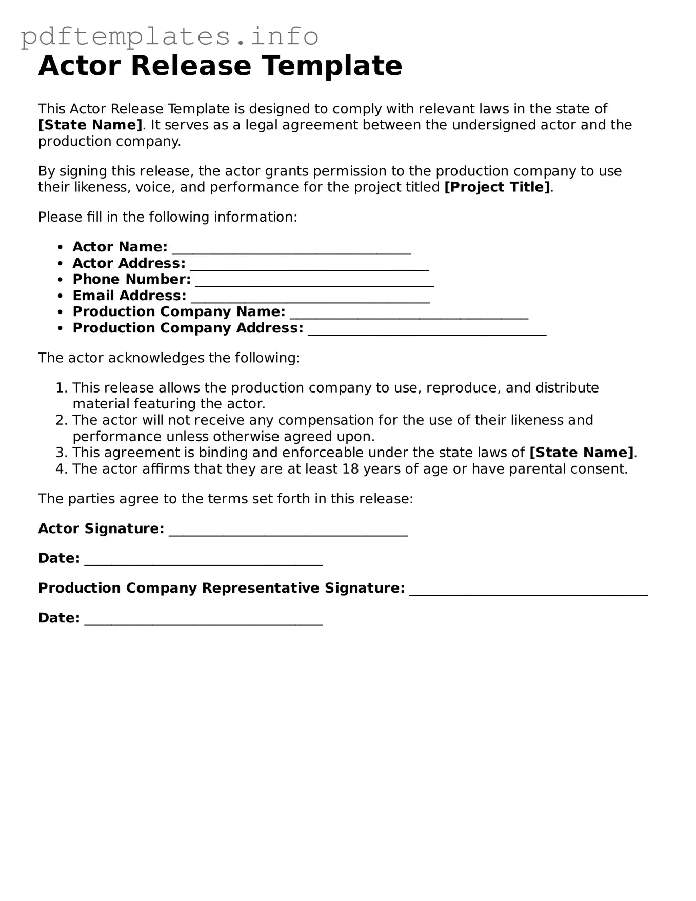 Printable Actor Release Form