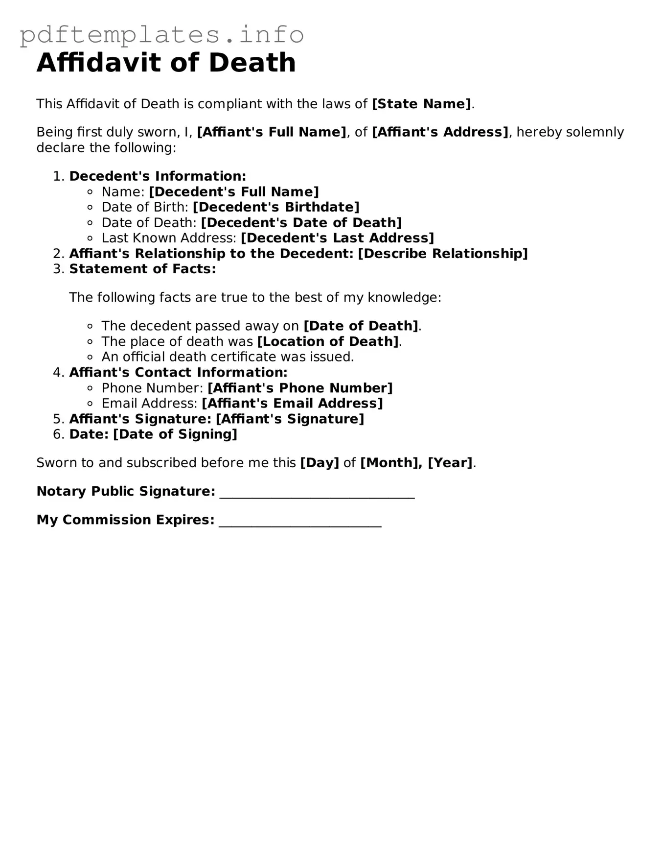 Printable Affidavit of Death Form