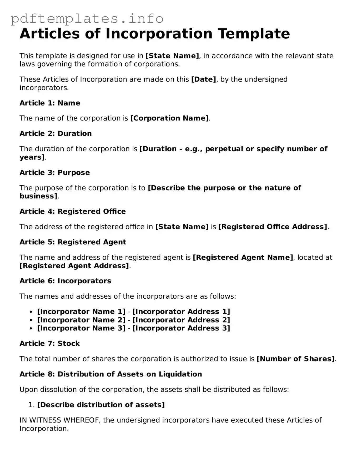 Printable Articles of Incorporation Form