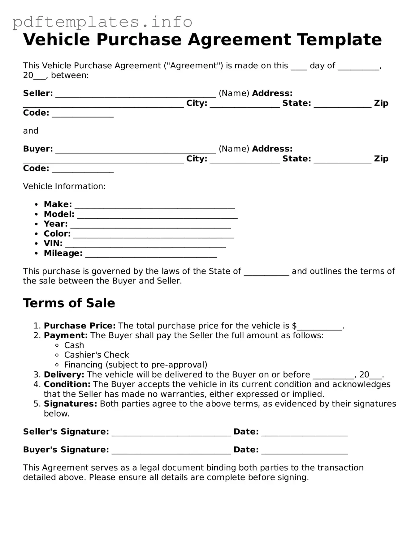 Printable Vehicle Purchase Agreement Form
