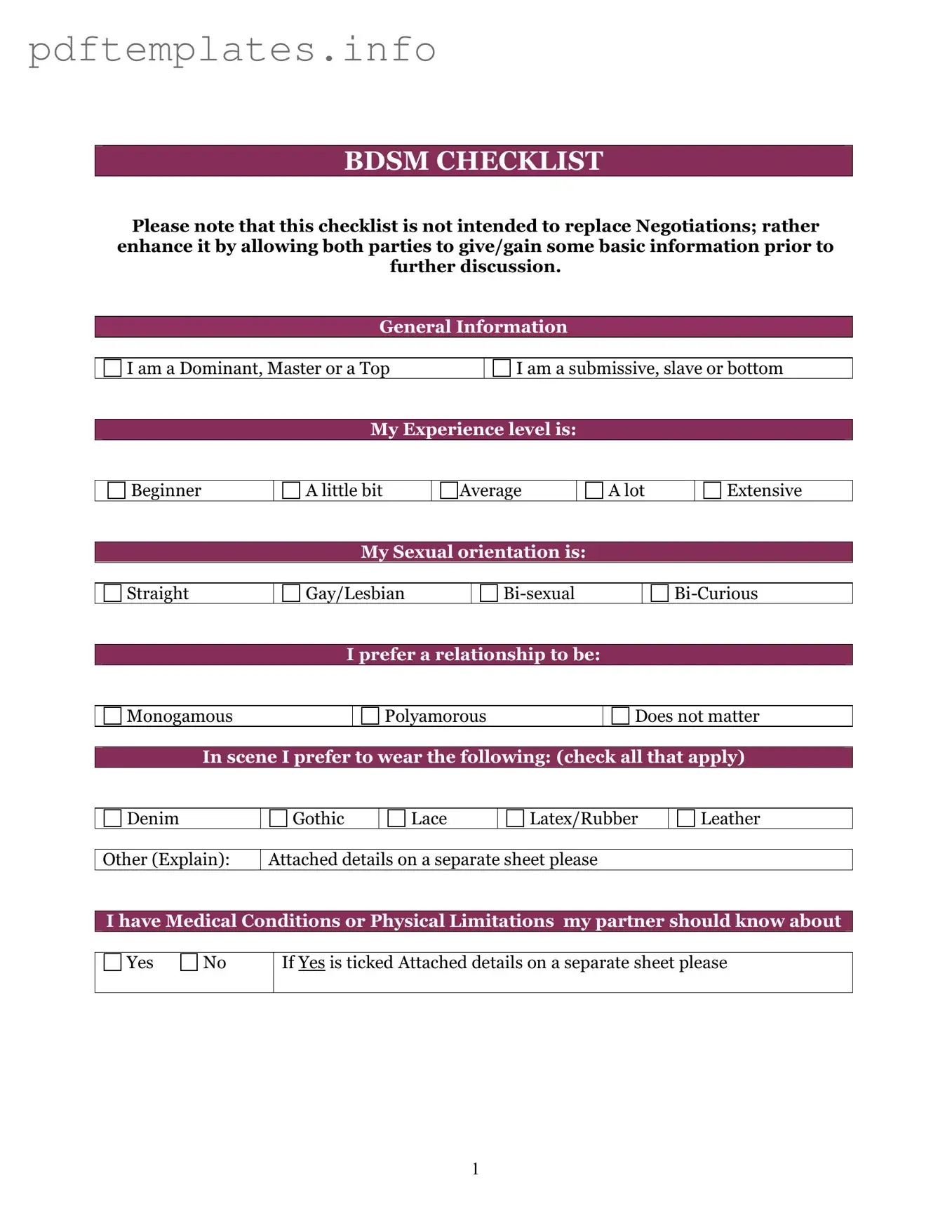 Fill Out a Valid Bdsm Checklist Form