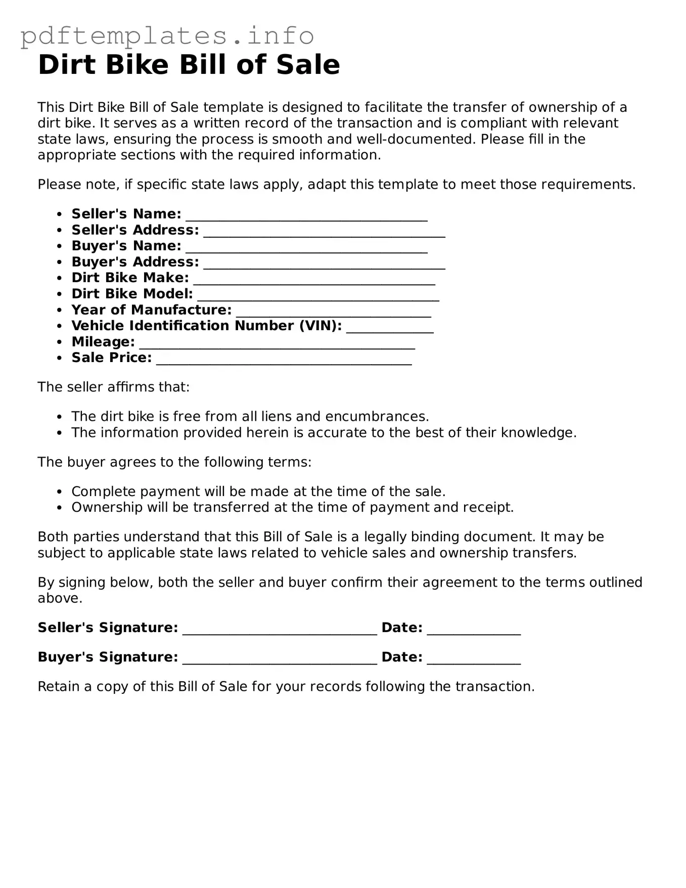 Printable Dirt Bike Bill of Sale Form
