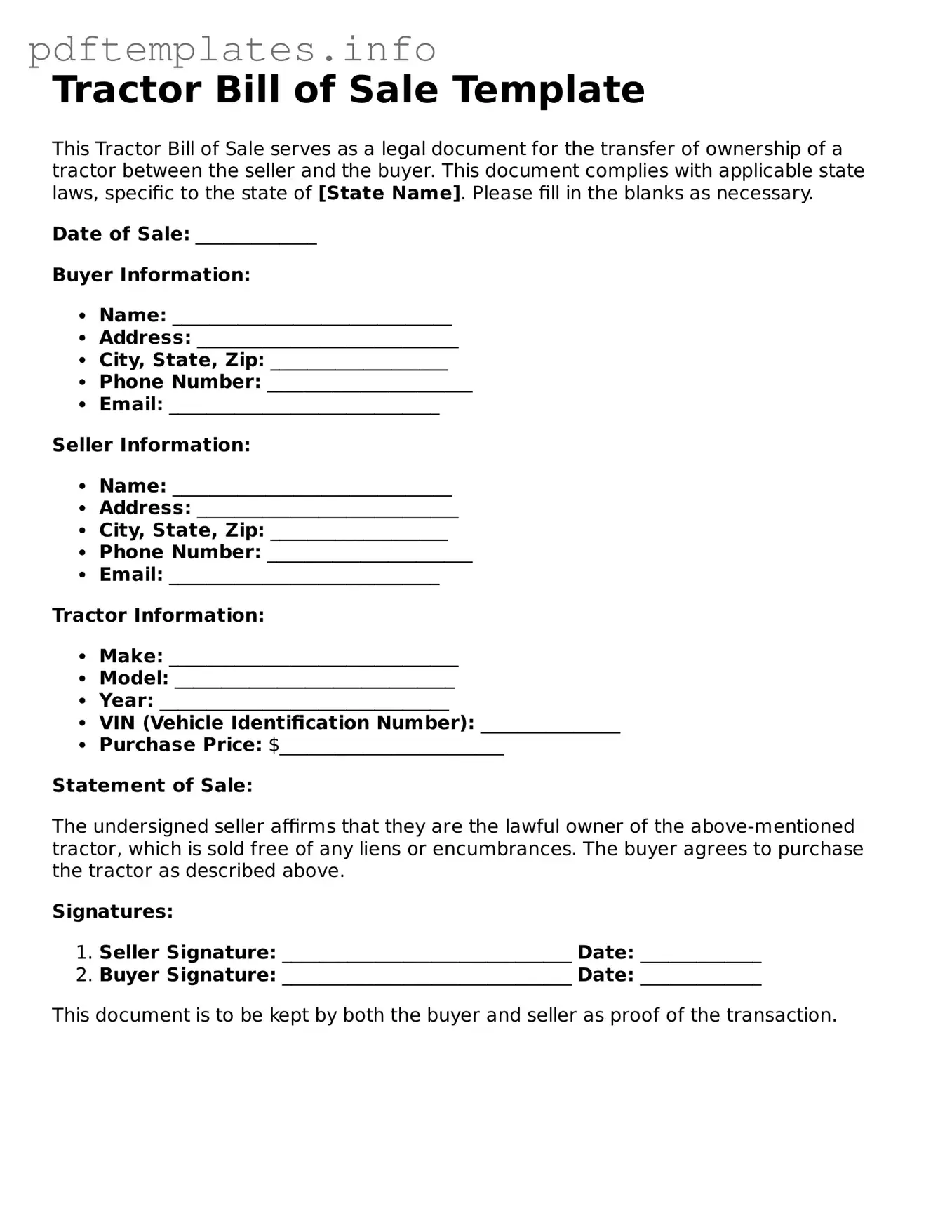 Printable Tractor Bill of Sale Form