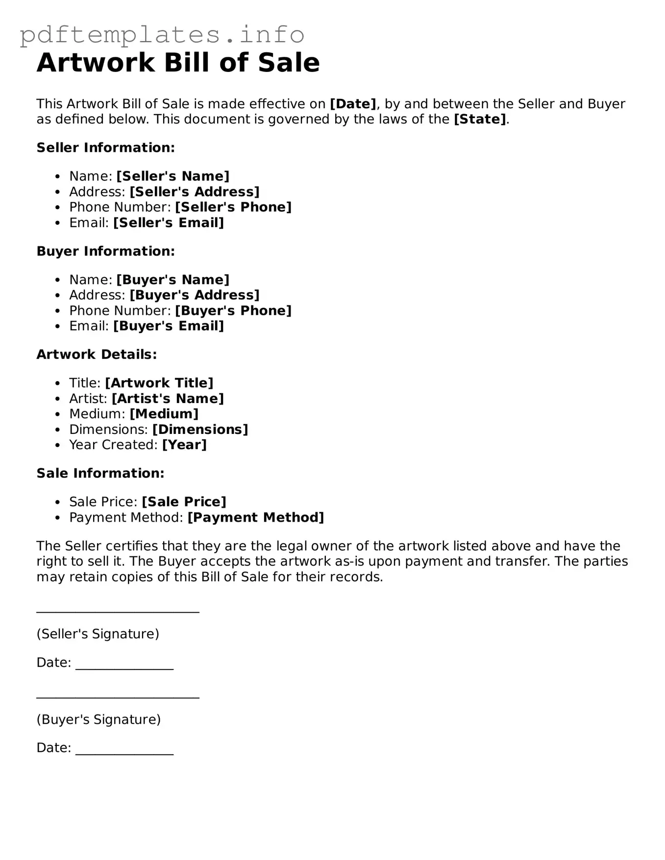 Printable Artwork Bill of Sale Form