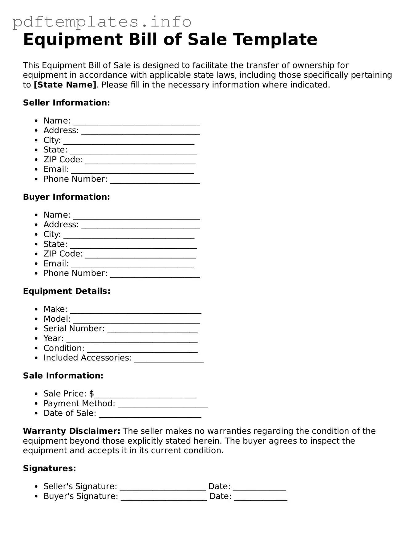 Printable Equipment Bill of Sale Form