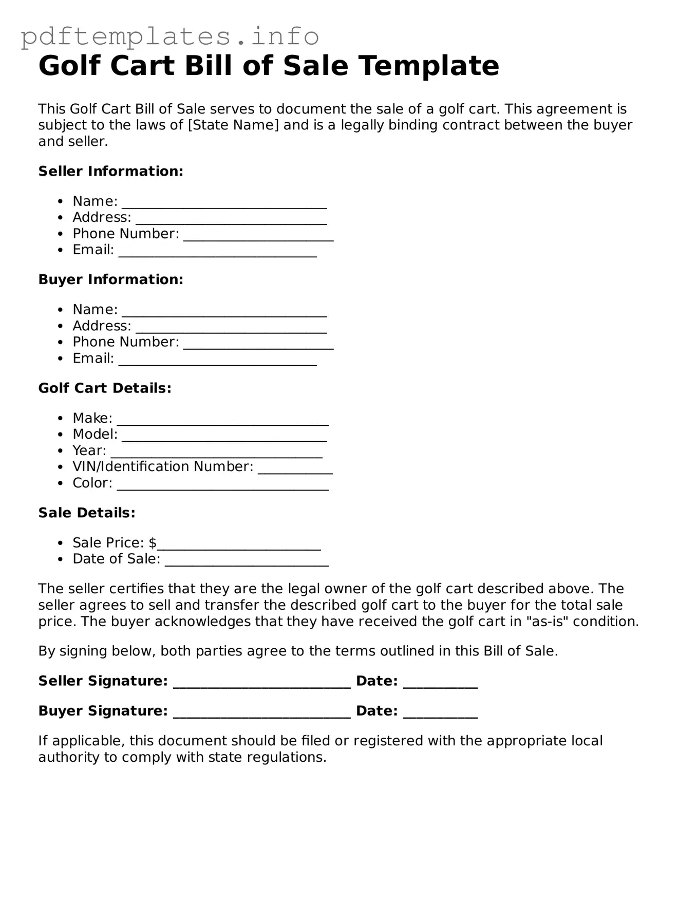 Printable Golf Cart Bill of Sale Form
