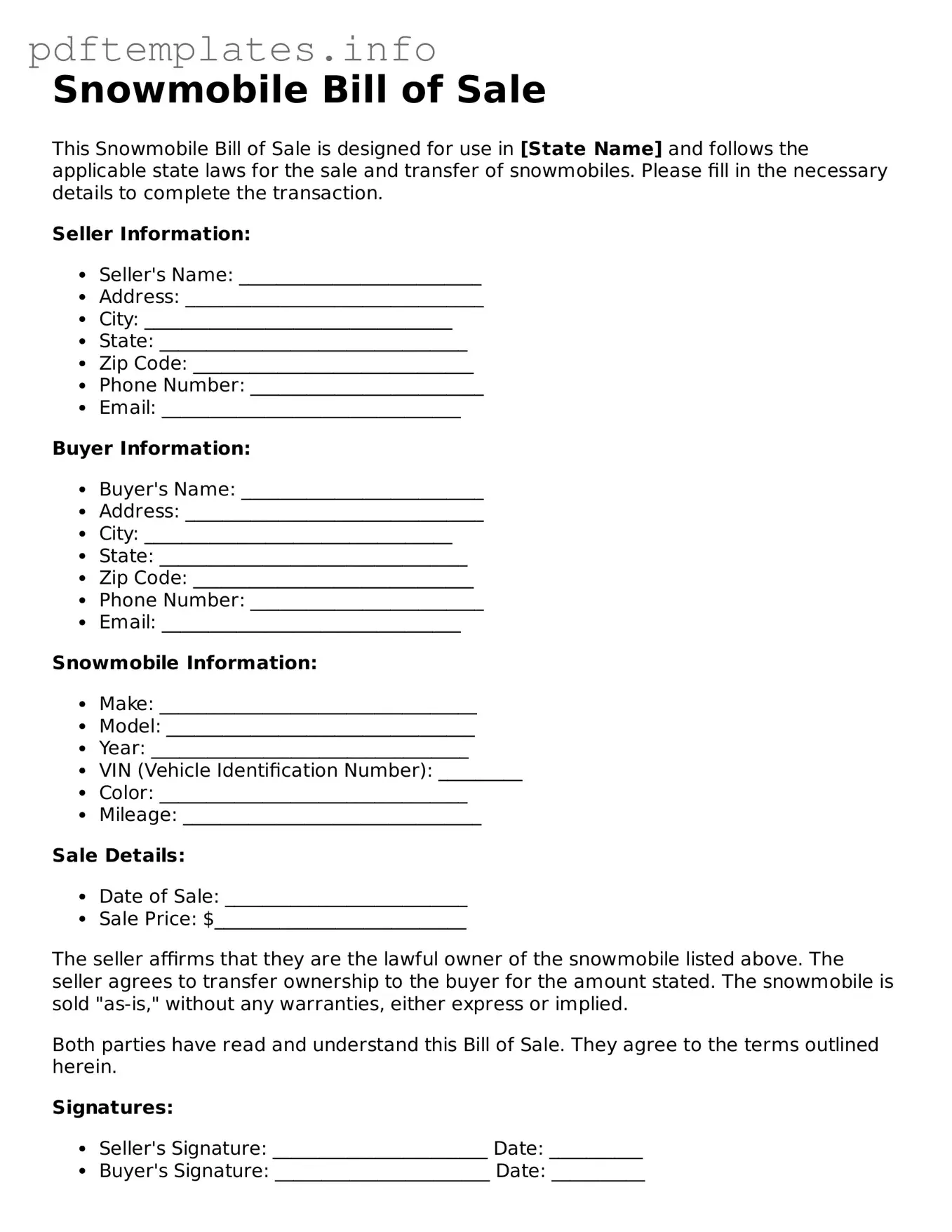 Printable Snowmobile Bill of Sale Form