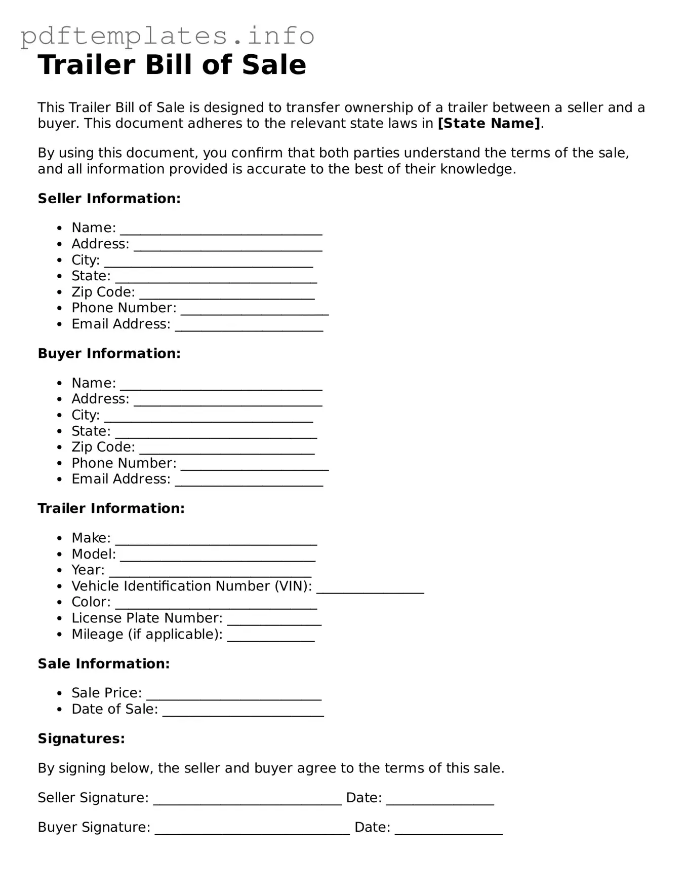 Printable Trailer Bill of Sale Form