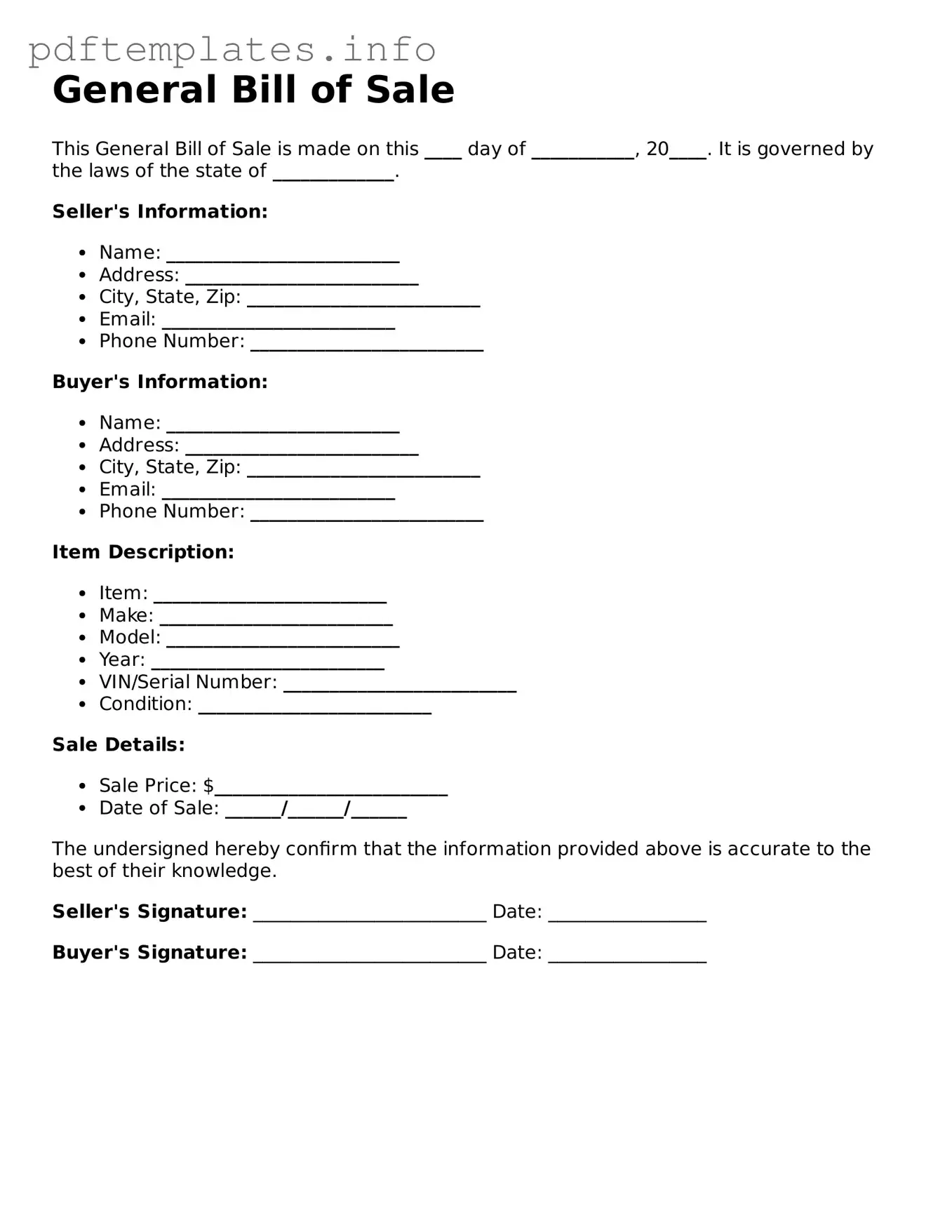 Printable General Bill of Sale Form