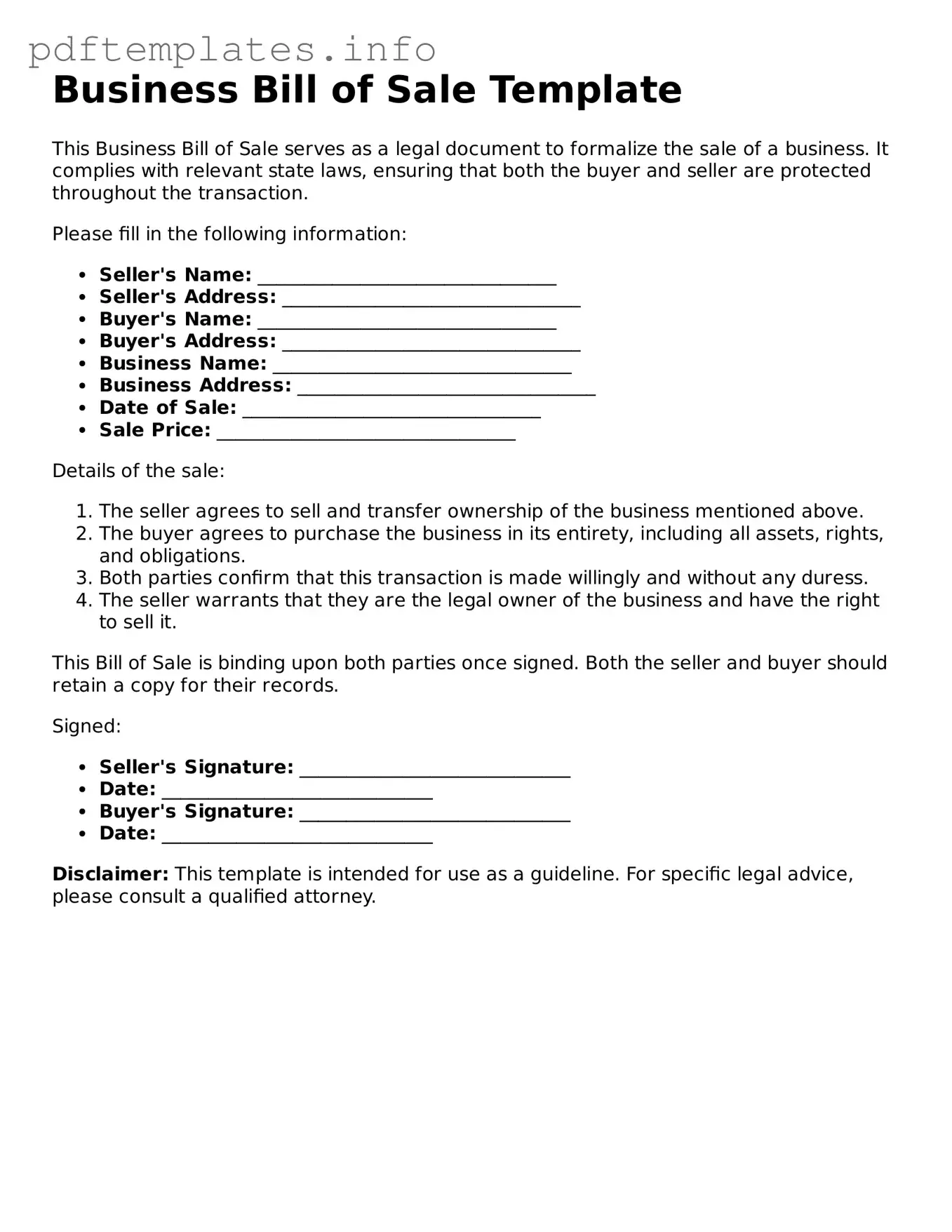 Printable Business Bill of Sale Form
