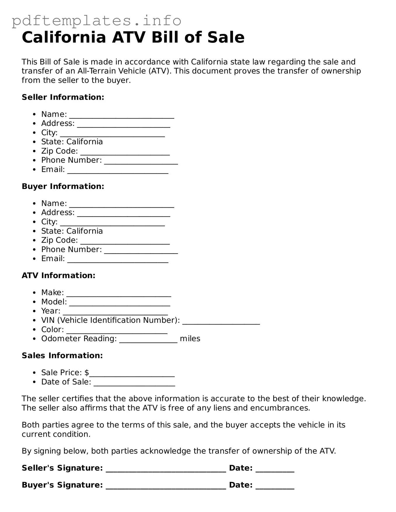 Blank ATV Bill of Sale Form for California State