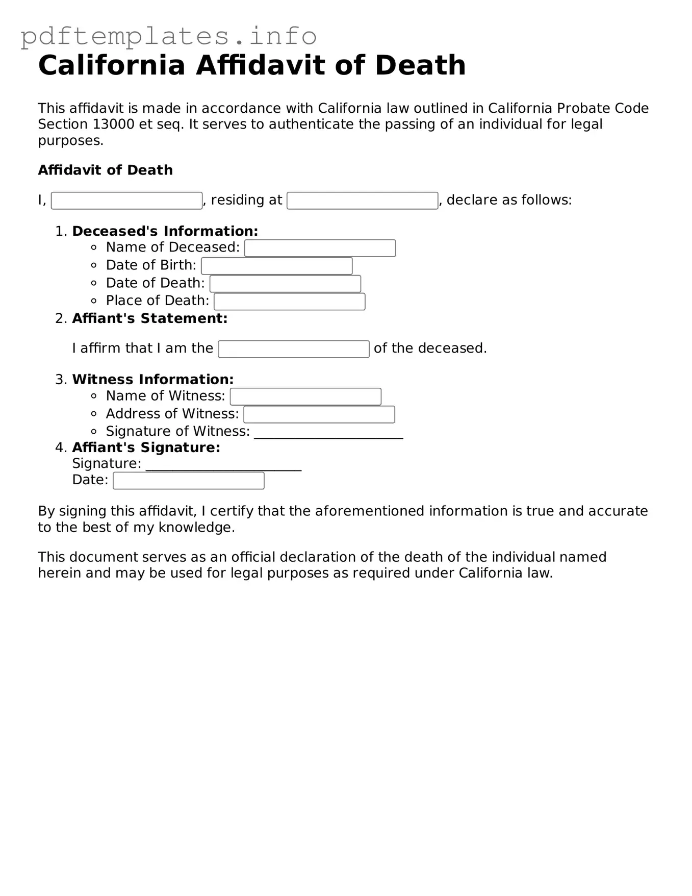 Blank Affidavit of Death Form for California State