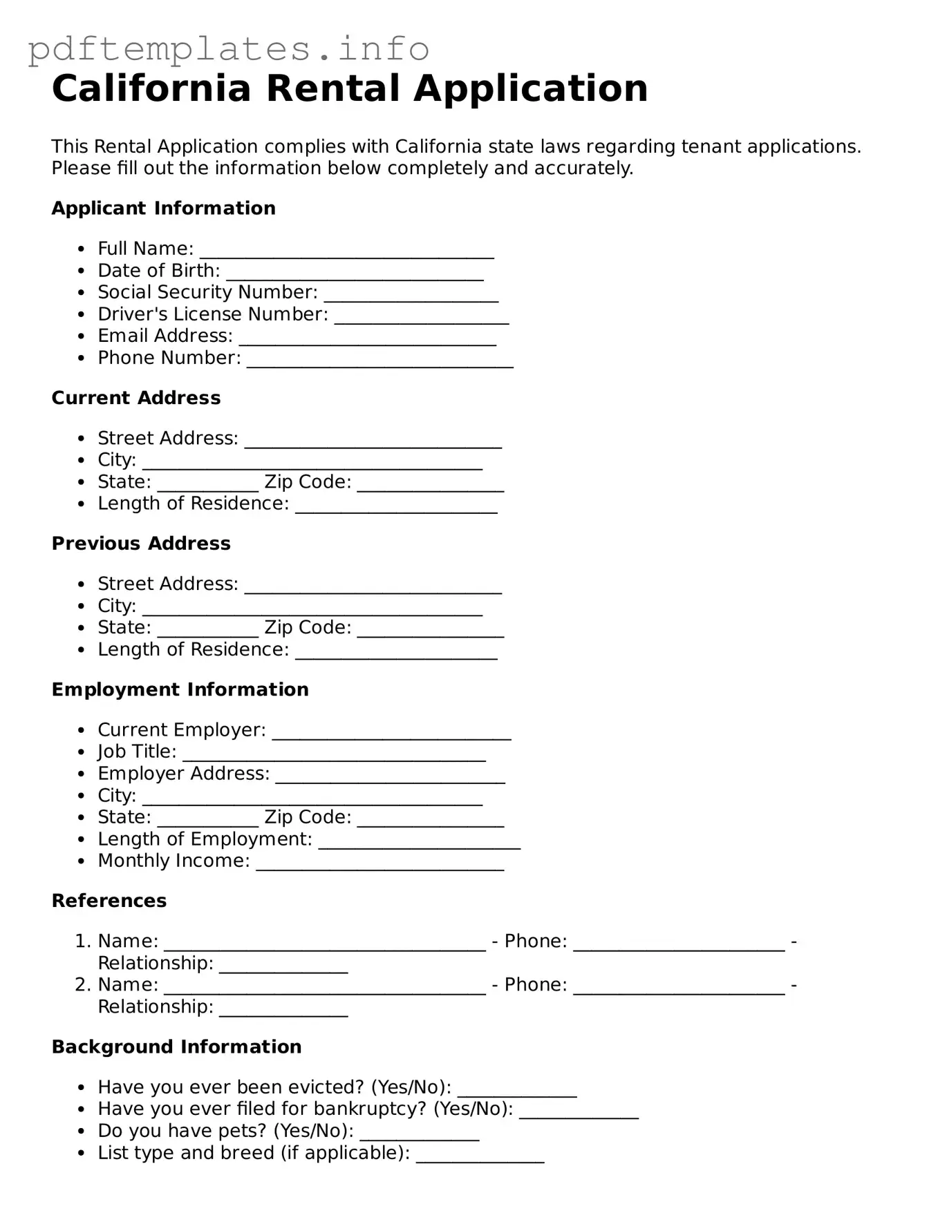 Blank Rental Application Form for California State