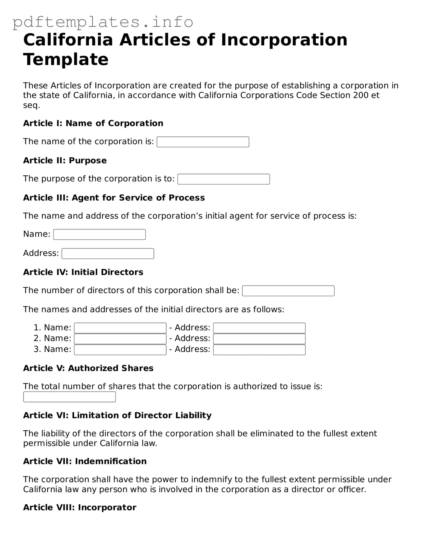 Blank Articles of Incorporation Form for California State