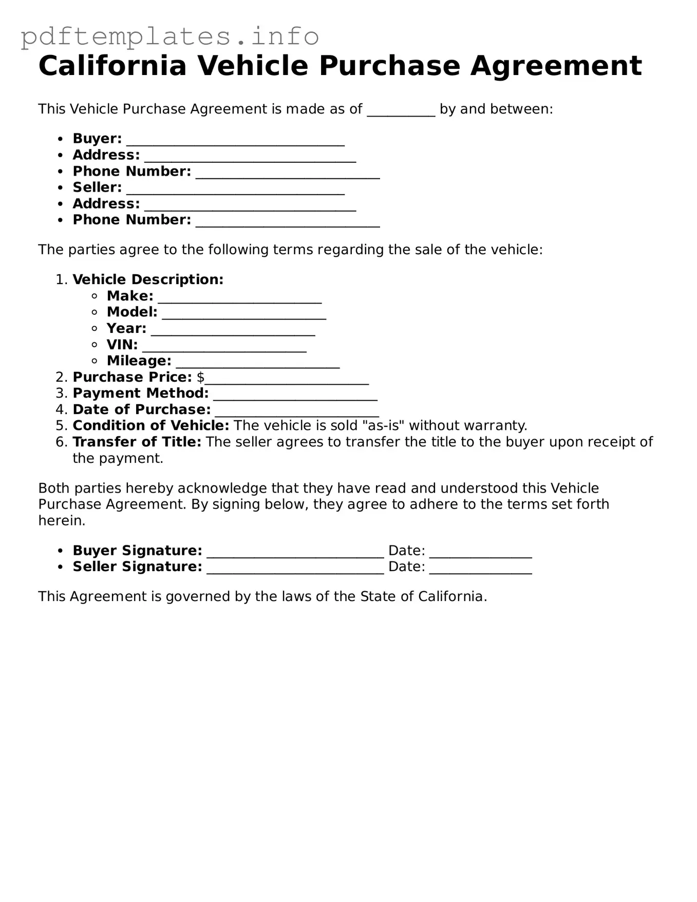 Blank Vehicle Purchase Agreement Form for California State