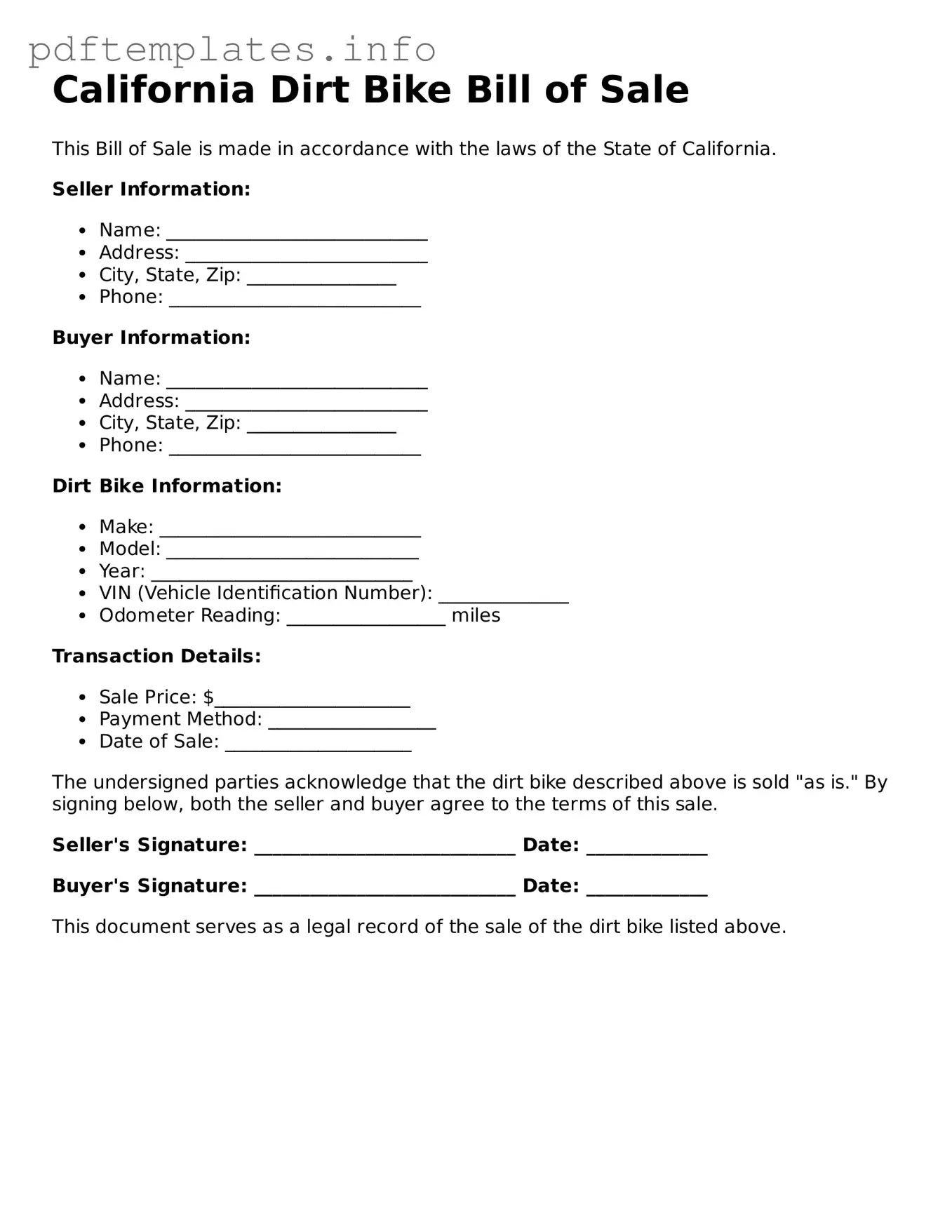 Blank Dirt Bike Bill of Sale Form for California State