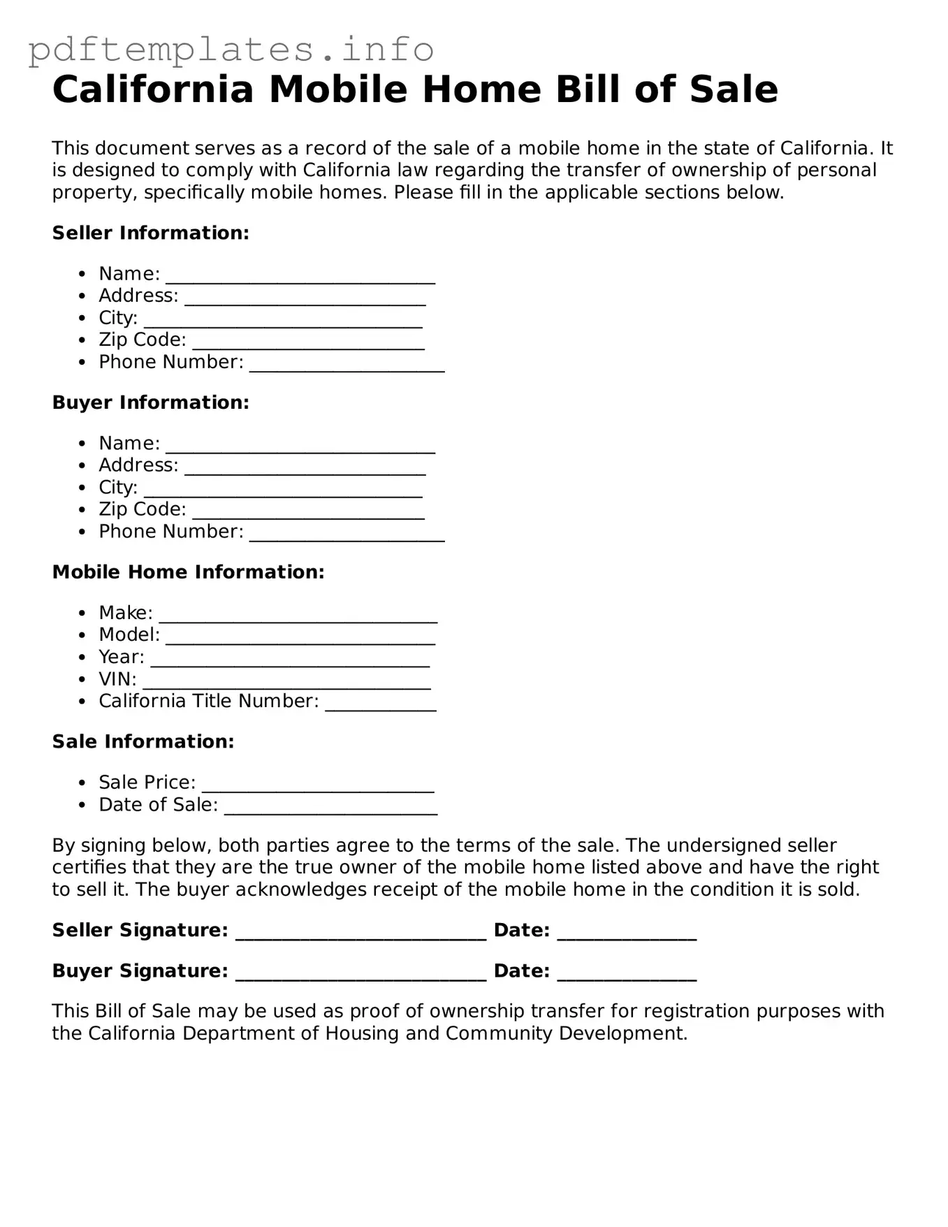 Blank Mobile Home Bill of Sale Form for California State