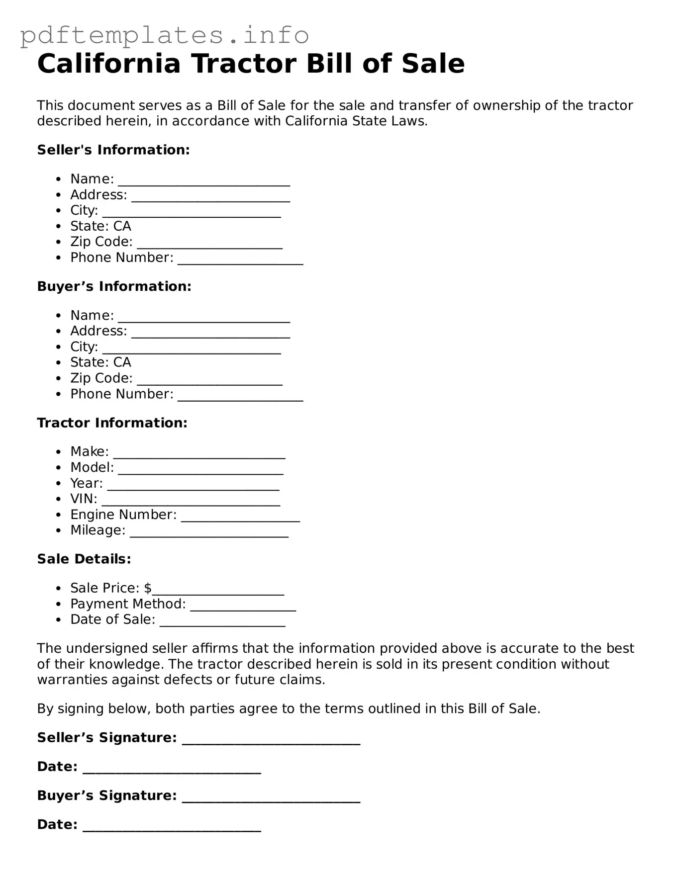 Blank Tractor Bill of Sale Form for California State