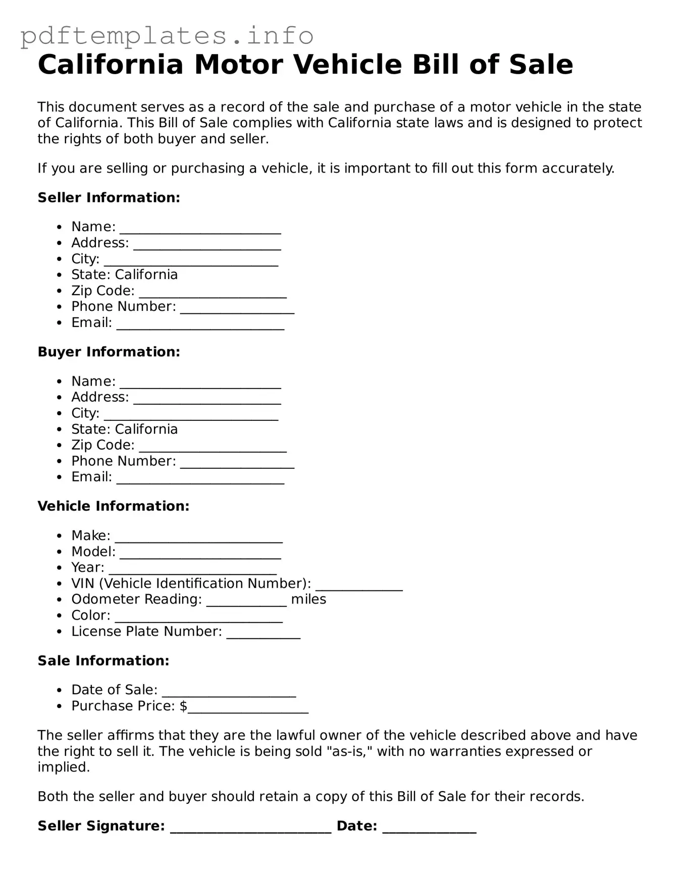 Blank Motor Vehicle Bill of Sale Form for California State