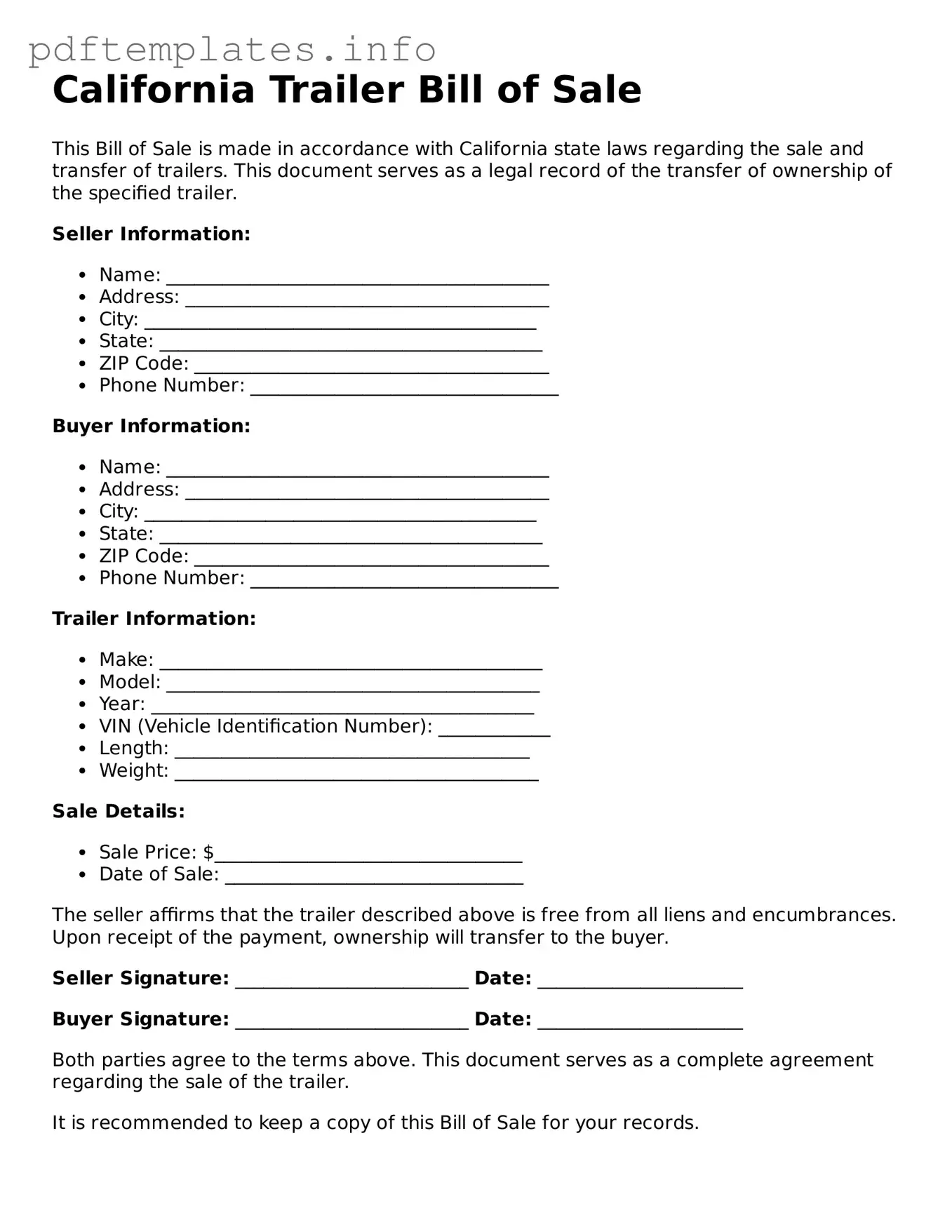 Blank Trailer Bill of Sale Form for California State