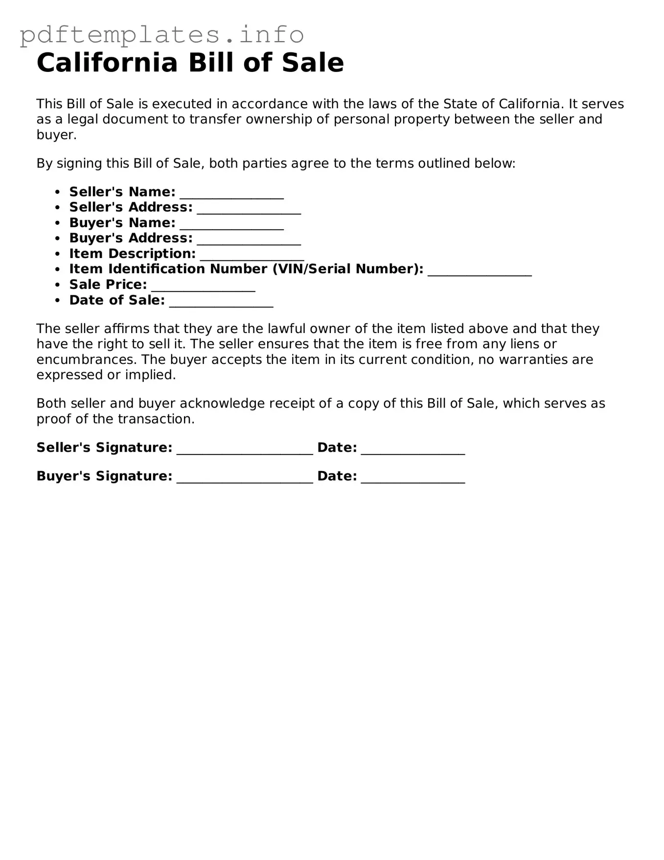 Blank Bill of Sale Form for California State