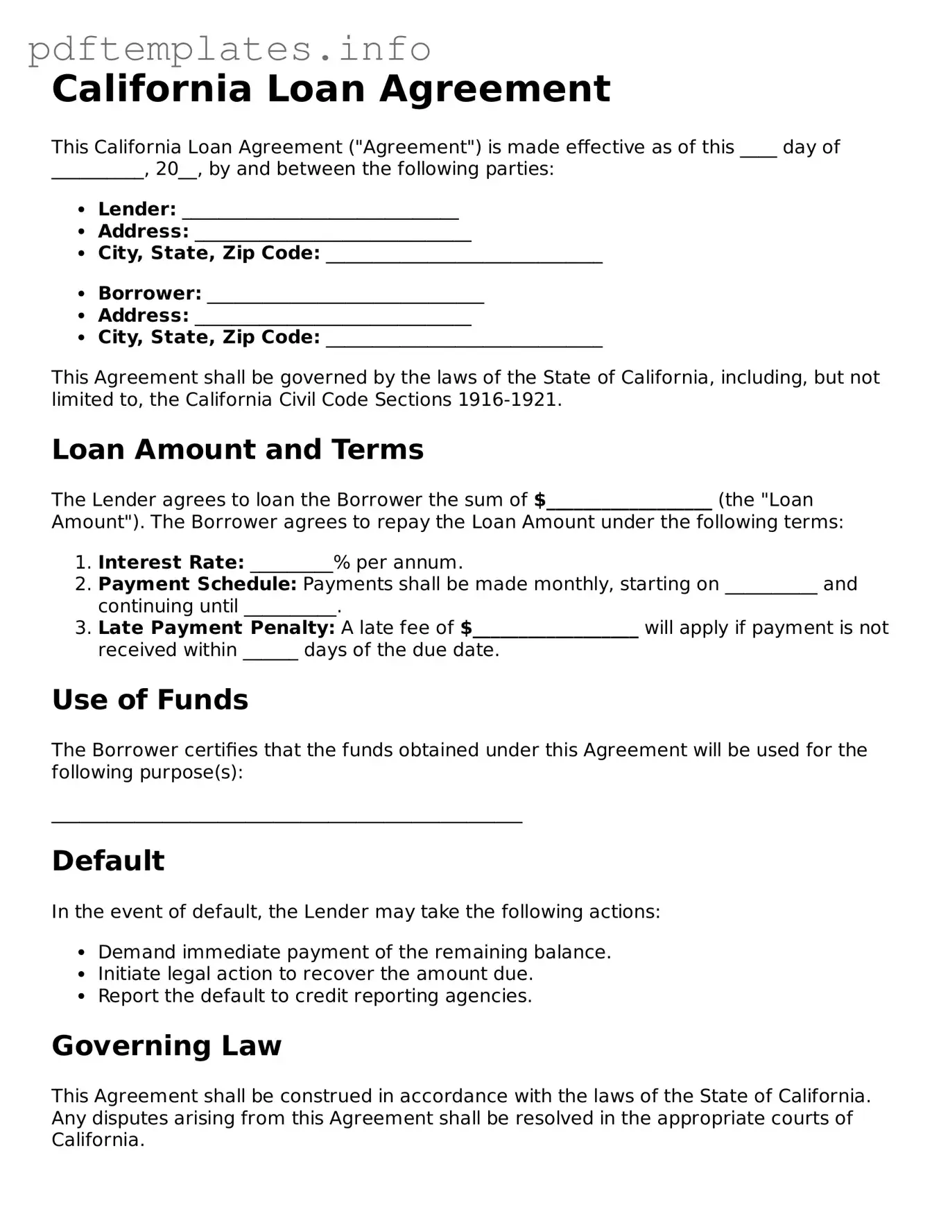 Blank Loan Agreement Form for California State
