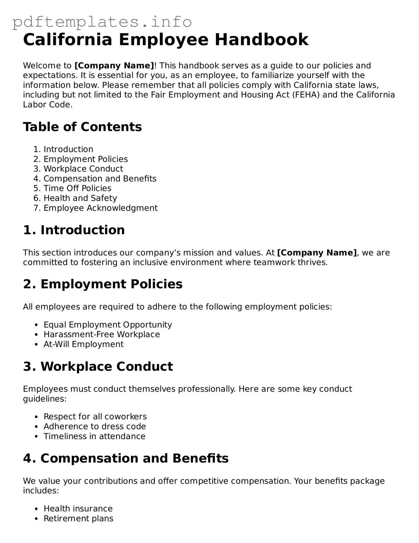 Blank Employee Handbook Form for California State
