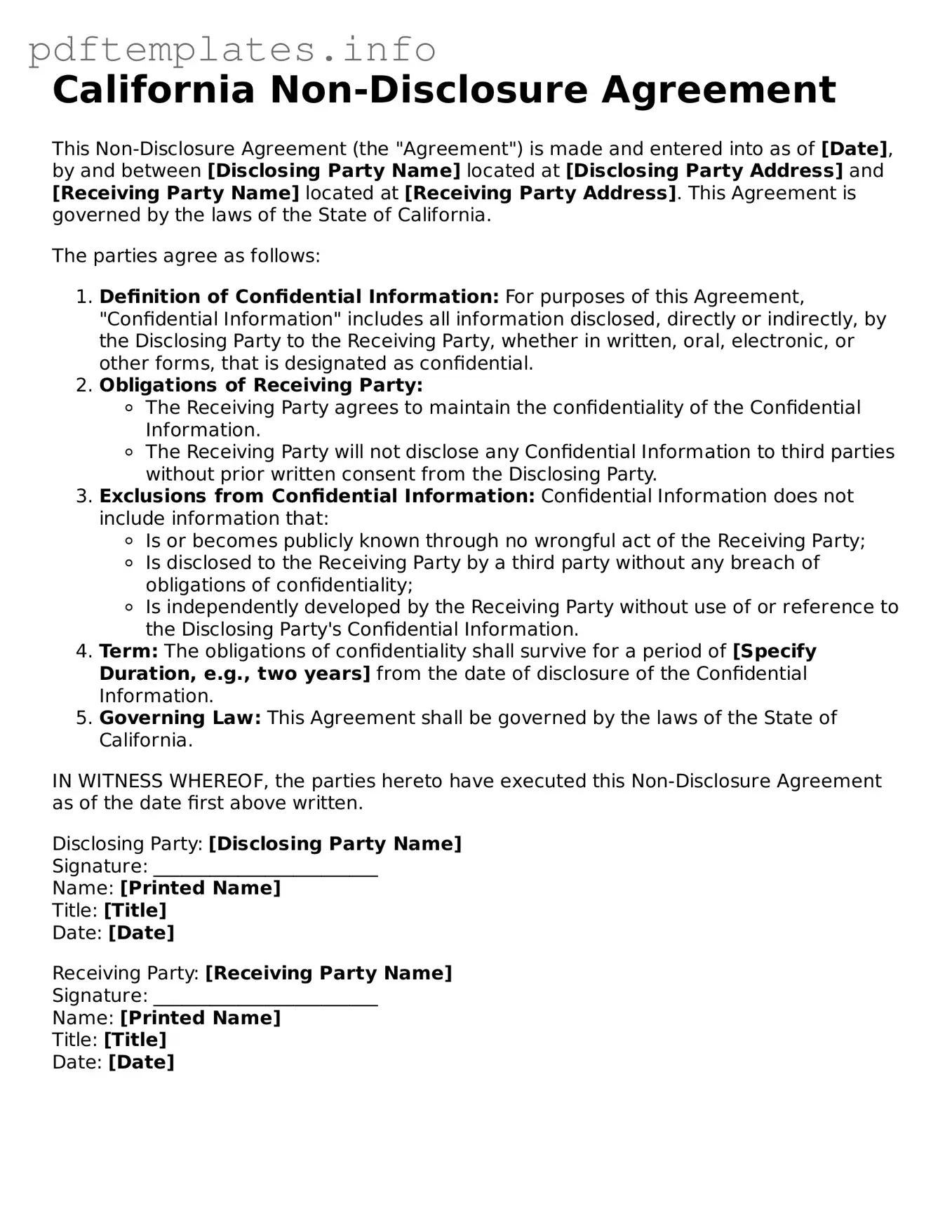 Blank Non-disclosure Agreement Form for California State