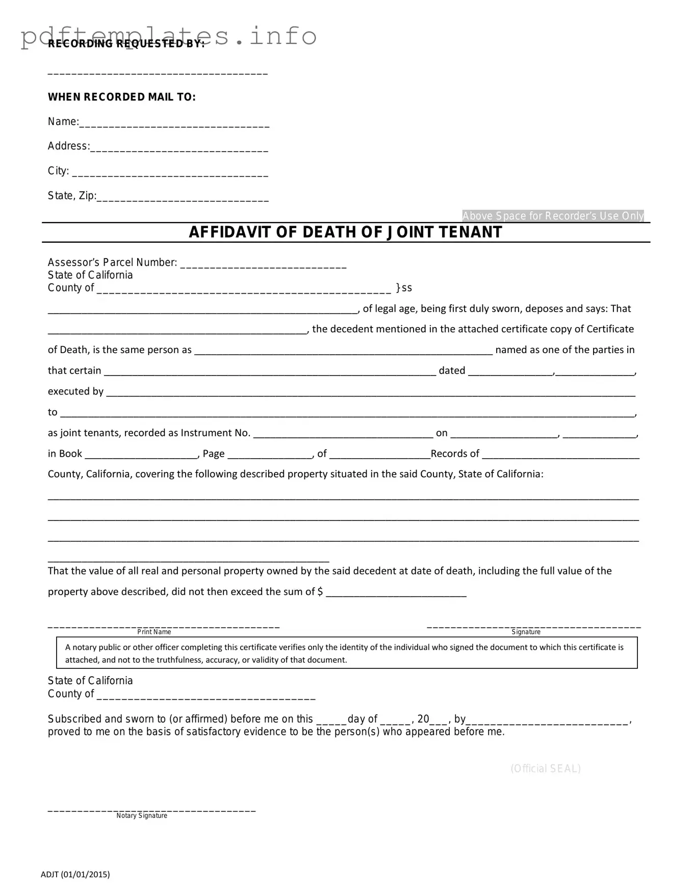Fill Out a Valid California Death of a Joint Tenant Affidavit Form