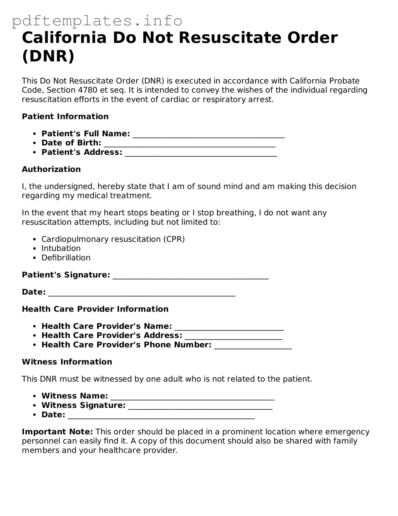 Blank Do Not Resuscitate Order Form for California State