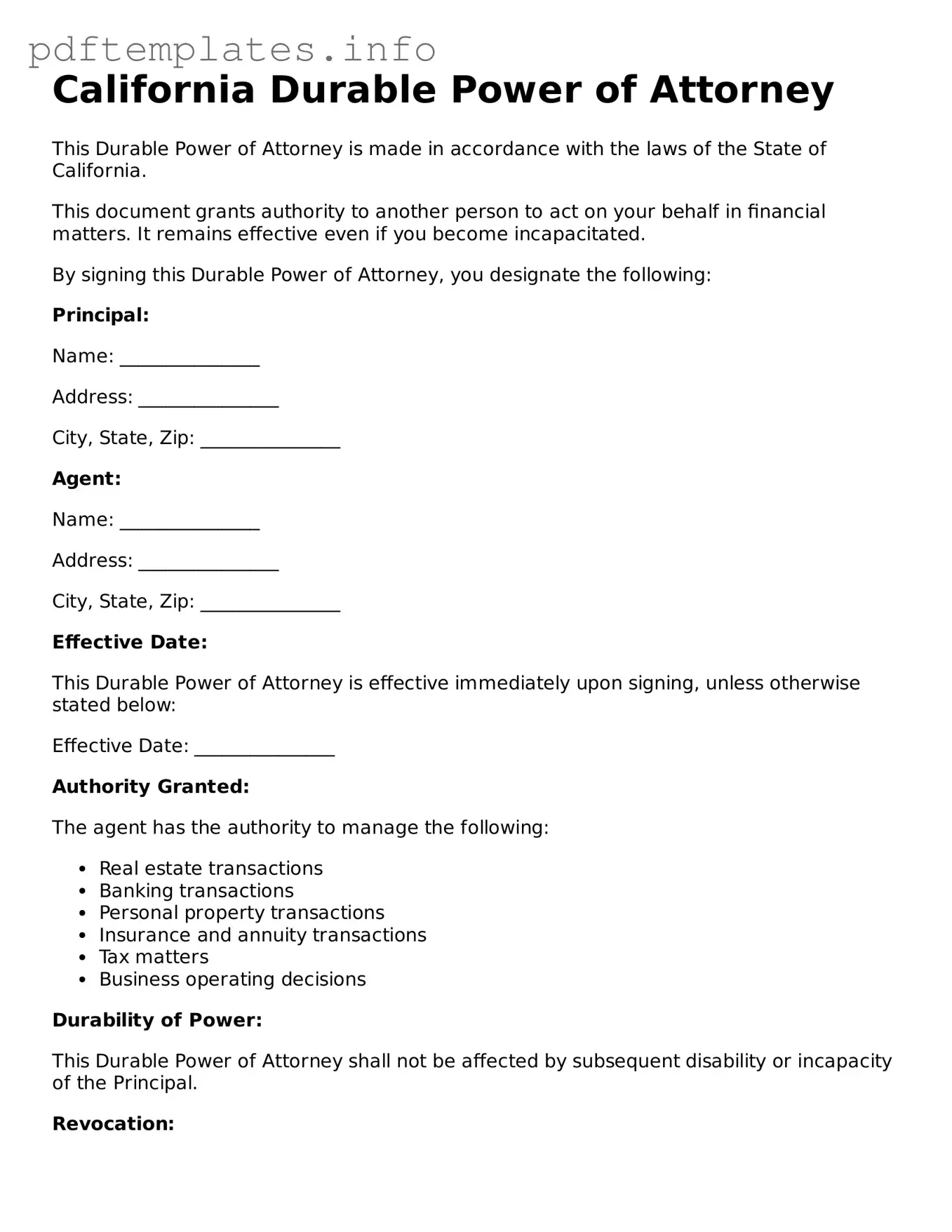 Blank Durable Power of Attorney Form for California State