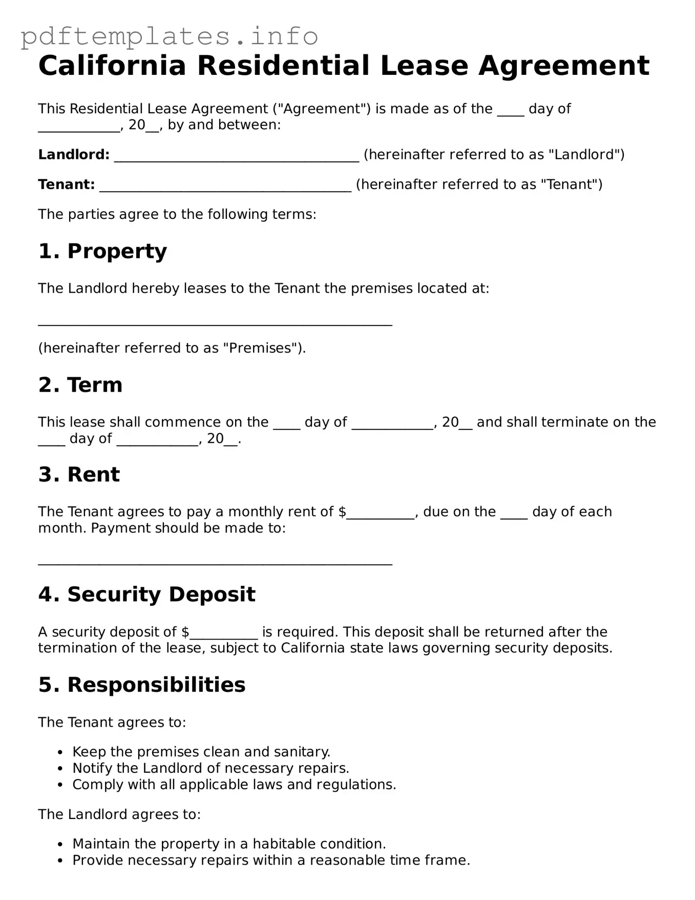 Blank Residential Lease Agreement Form for California State