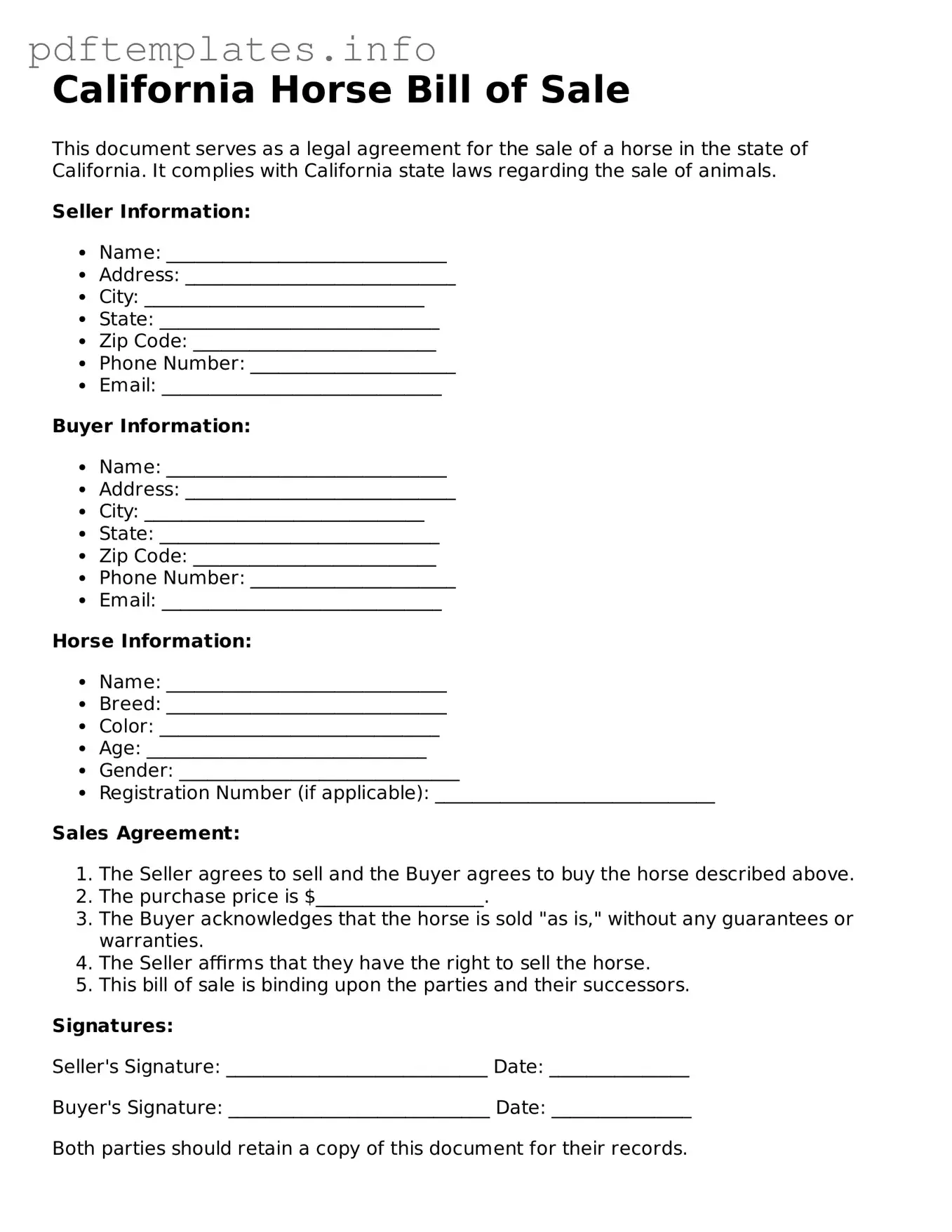 Blank Horse Bill of Sale Form for California State