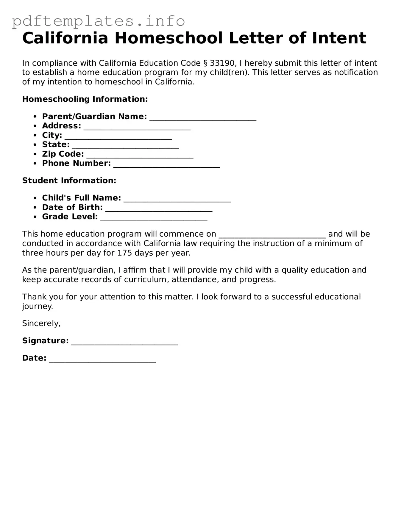 Blank Homeschool Letter of Intent Form for California State