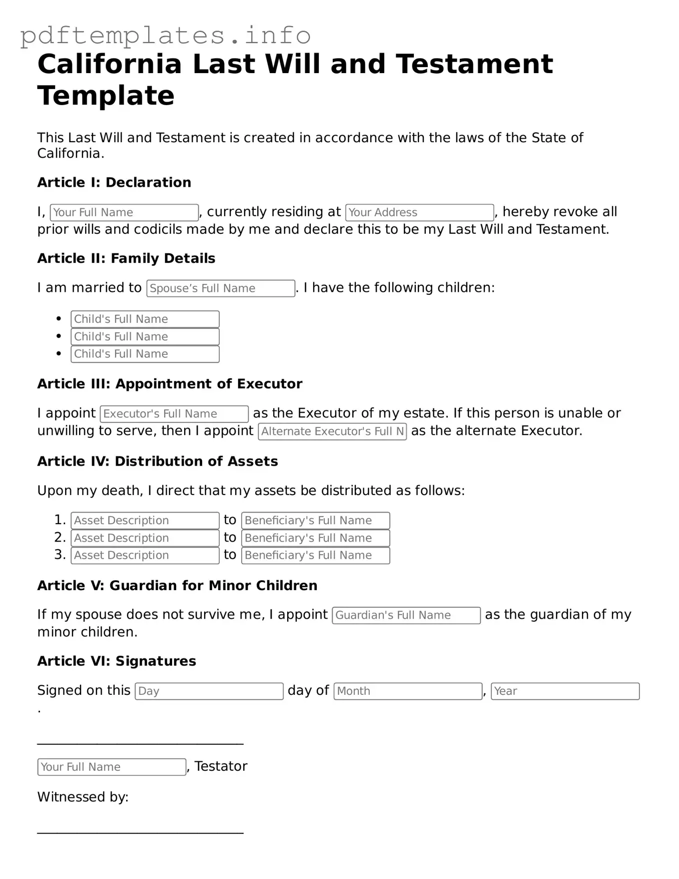 Blank Last Will and Testament Form for California State