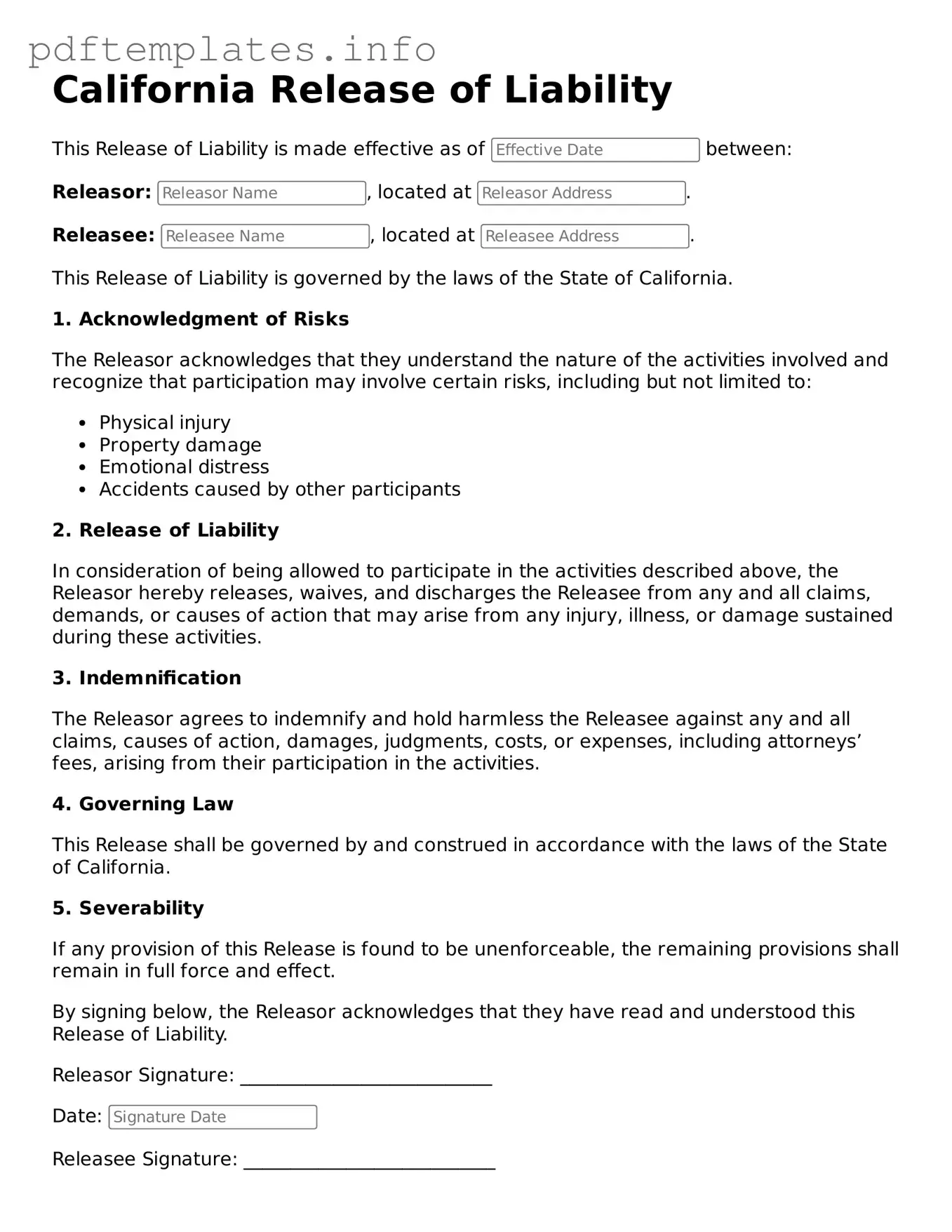 Blank Release of Liability Form for California State