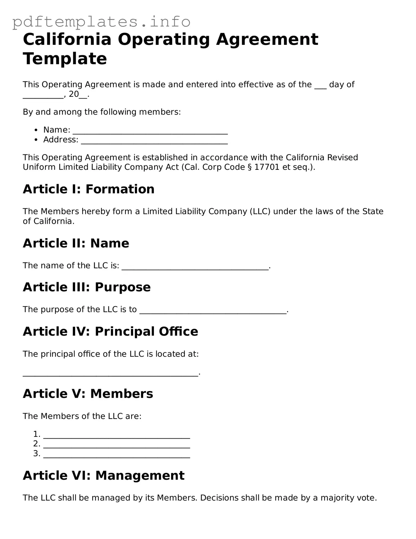Blank Operating Agreement Form for California State