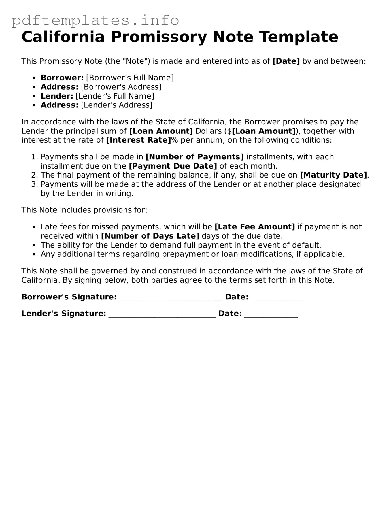 Blank Promissory Note Form for California State