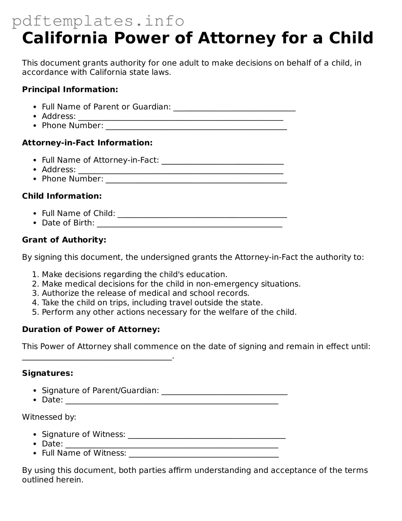 Blank Power of Attorney for a Child Form for California State