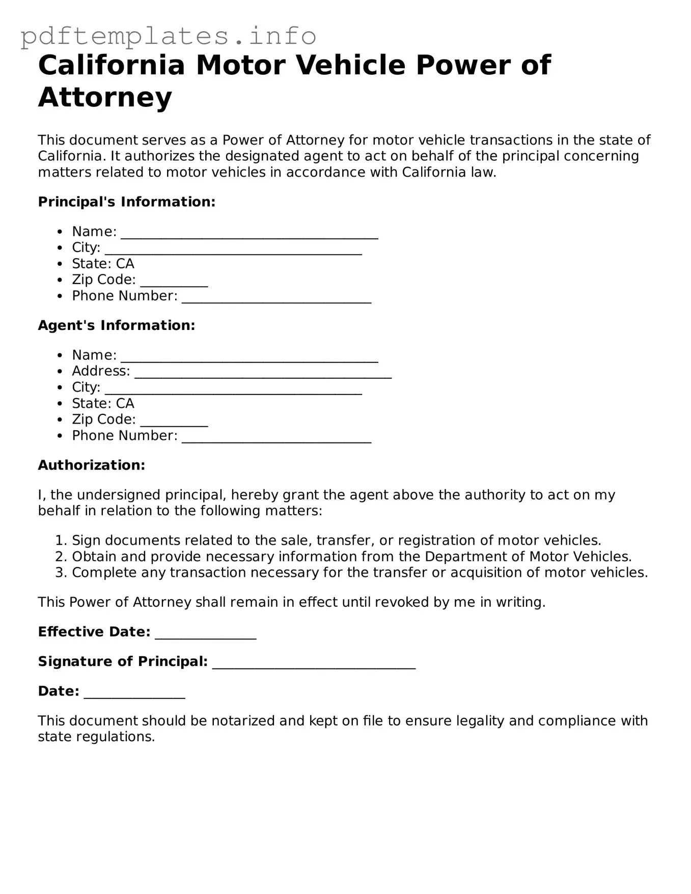 Blank Motor Vehicle Power of Attorney Form for California State