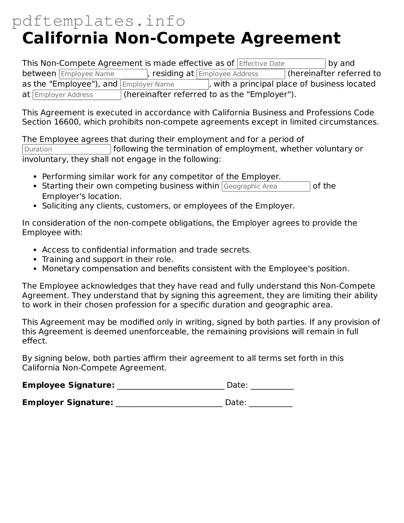 Blank Non-compete Agreement Form for California State
