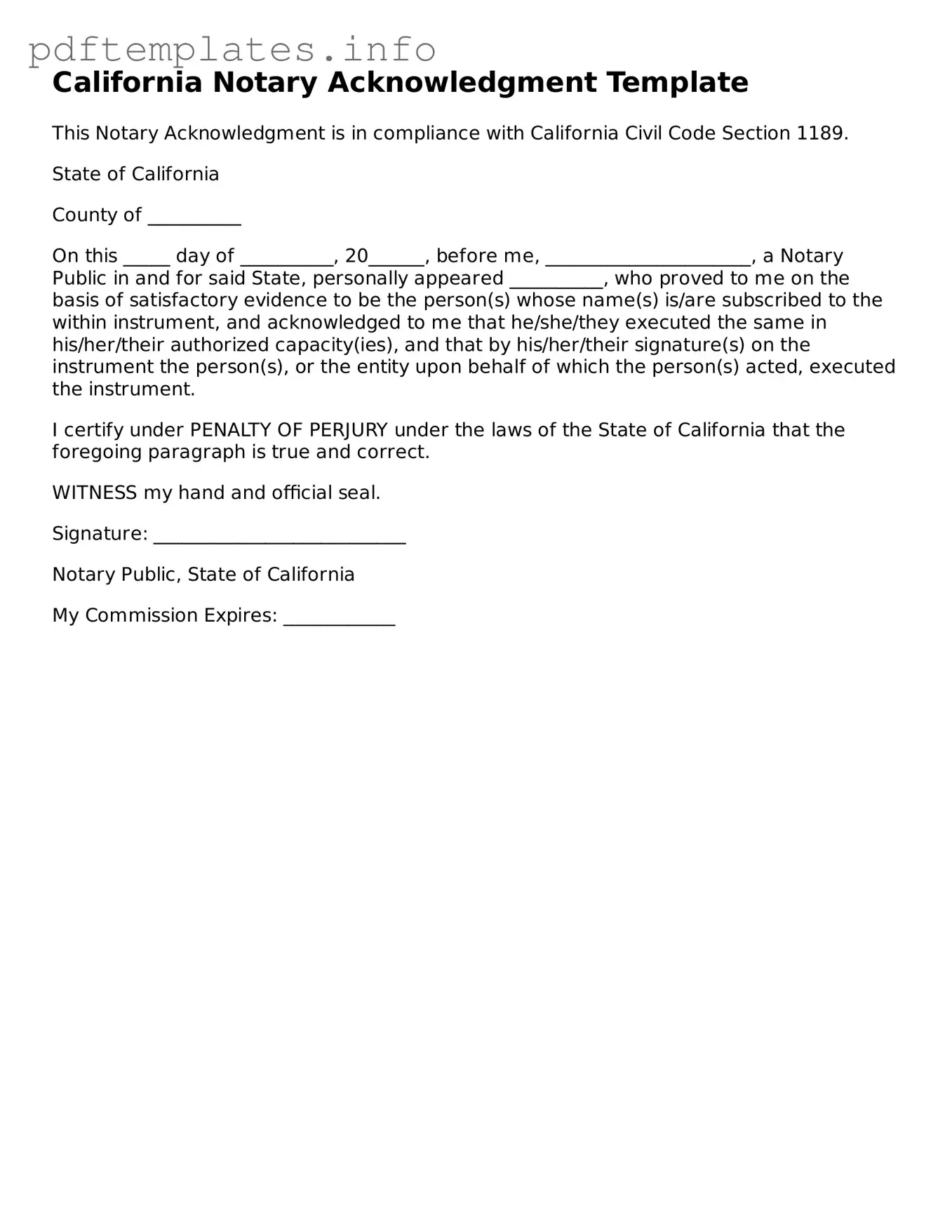 Blank Notary Acknowledgement Form for California State