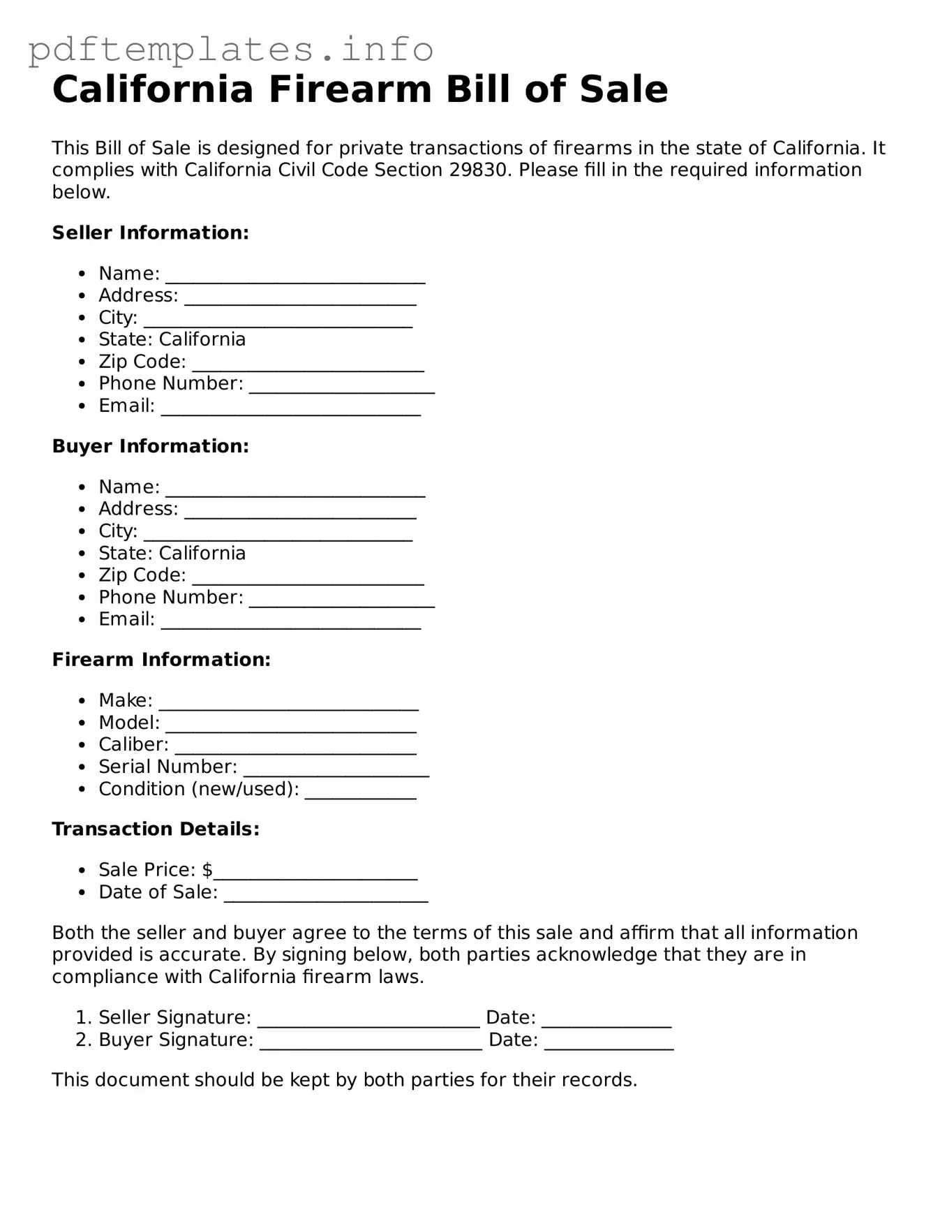 Blank Firearm Bill of Sale Form for California State