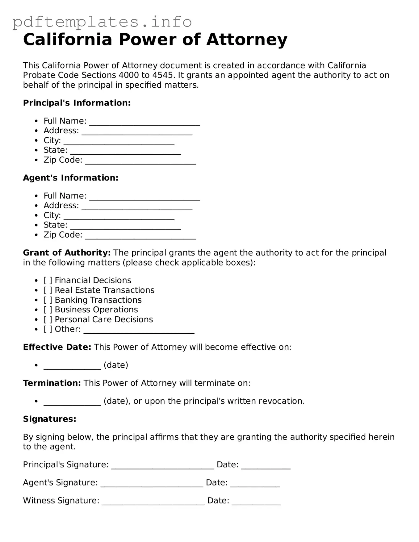 Blank Power of Attorney Form for California State
