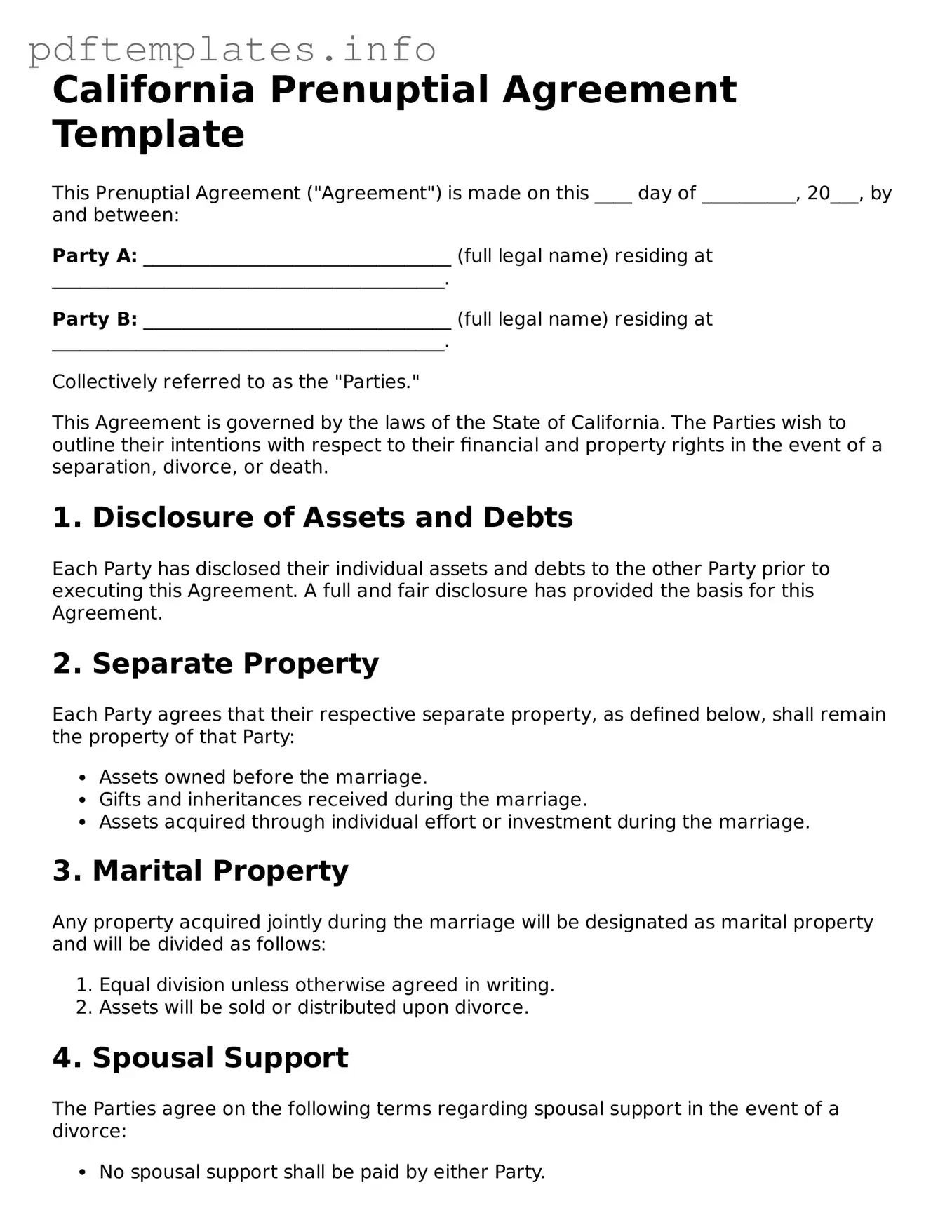 Blank Prenuptial Agreement Form for California State