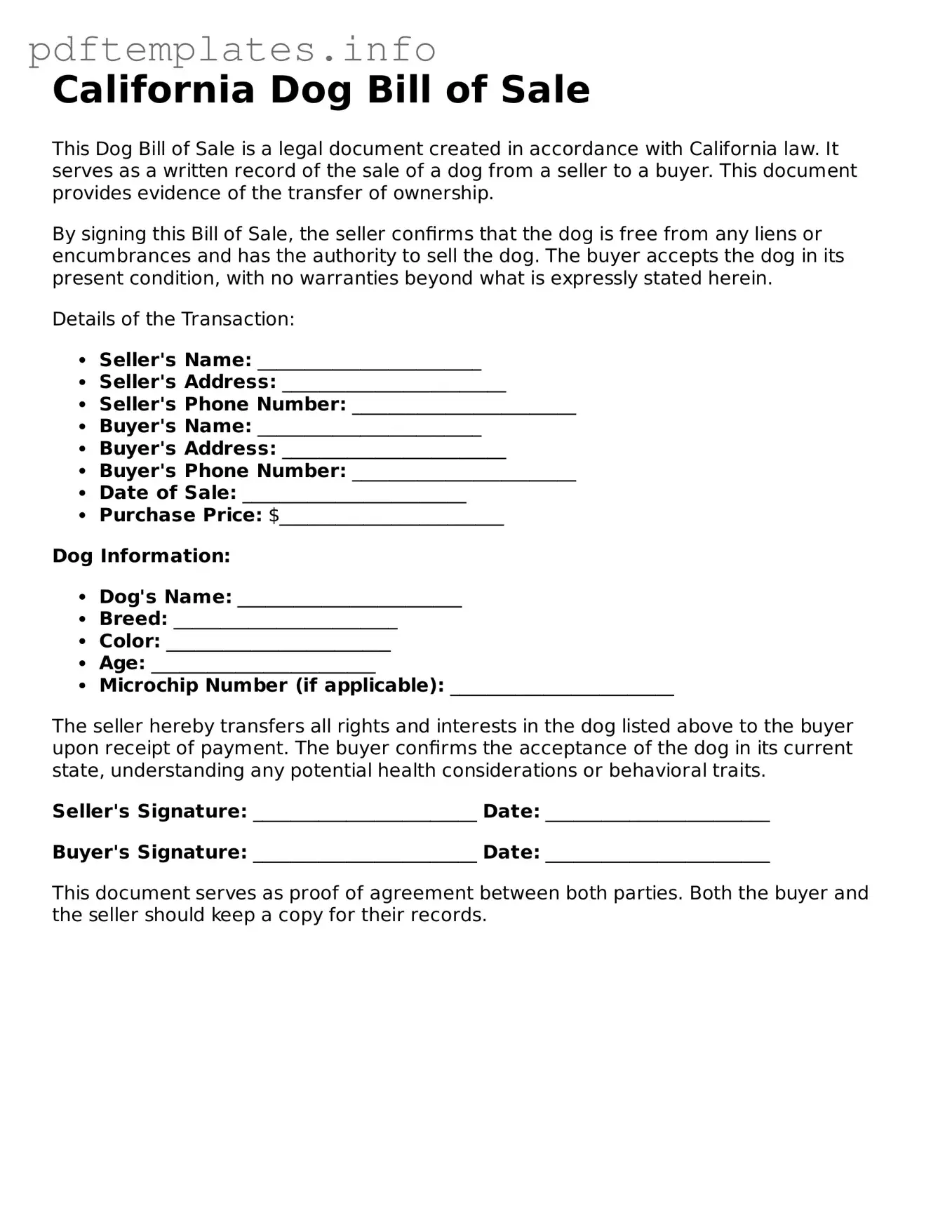 Blank Dog Bill of Sale Form for California State