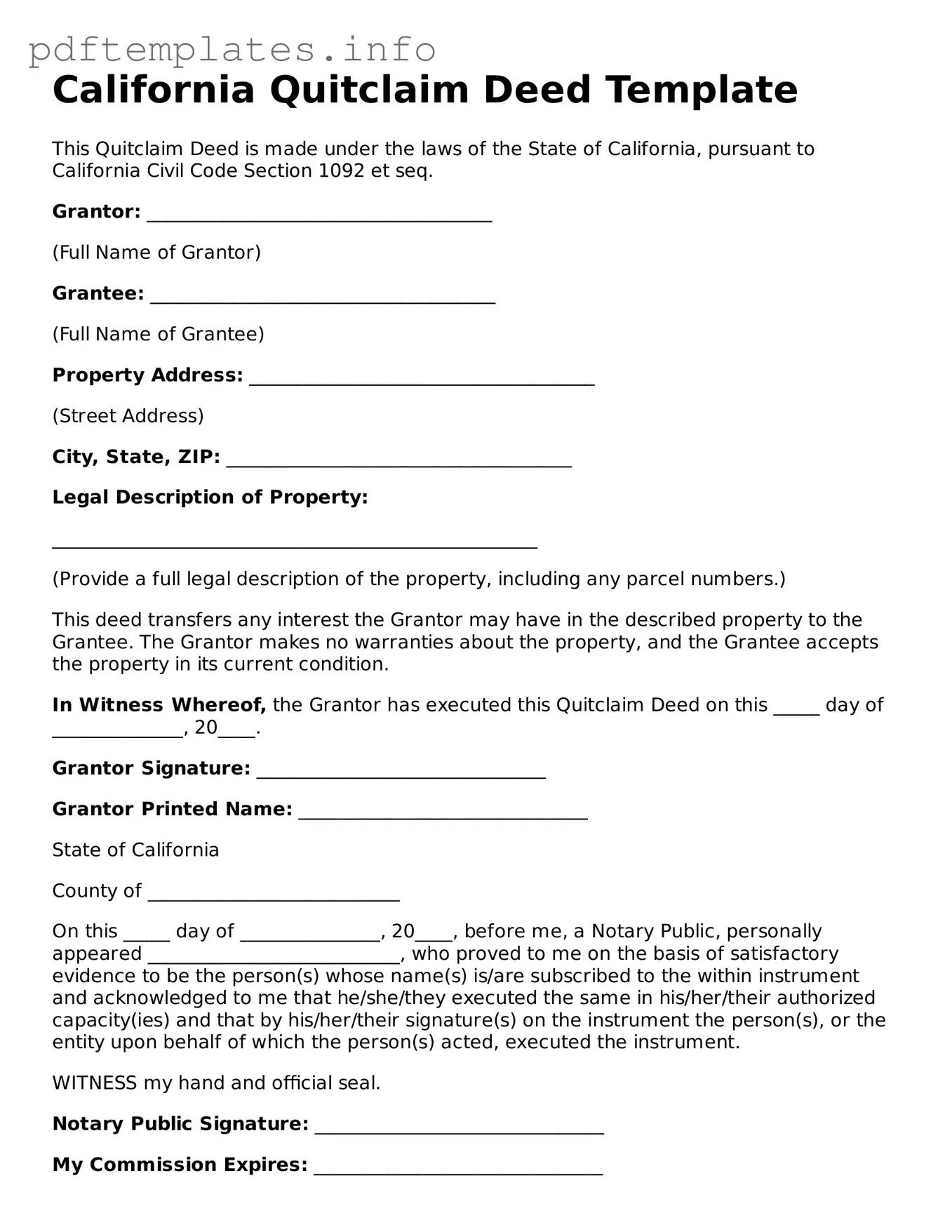 Blank Quitclaim Deed Form for California State