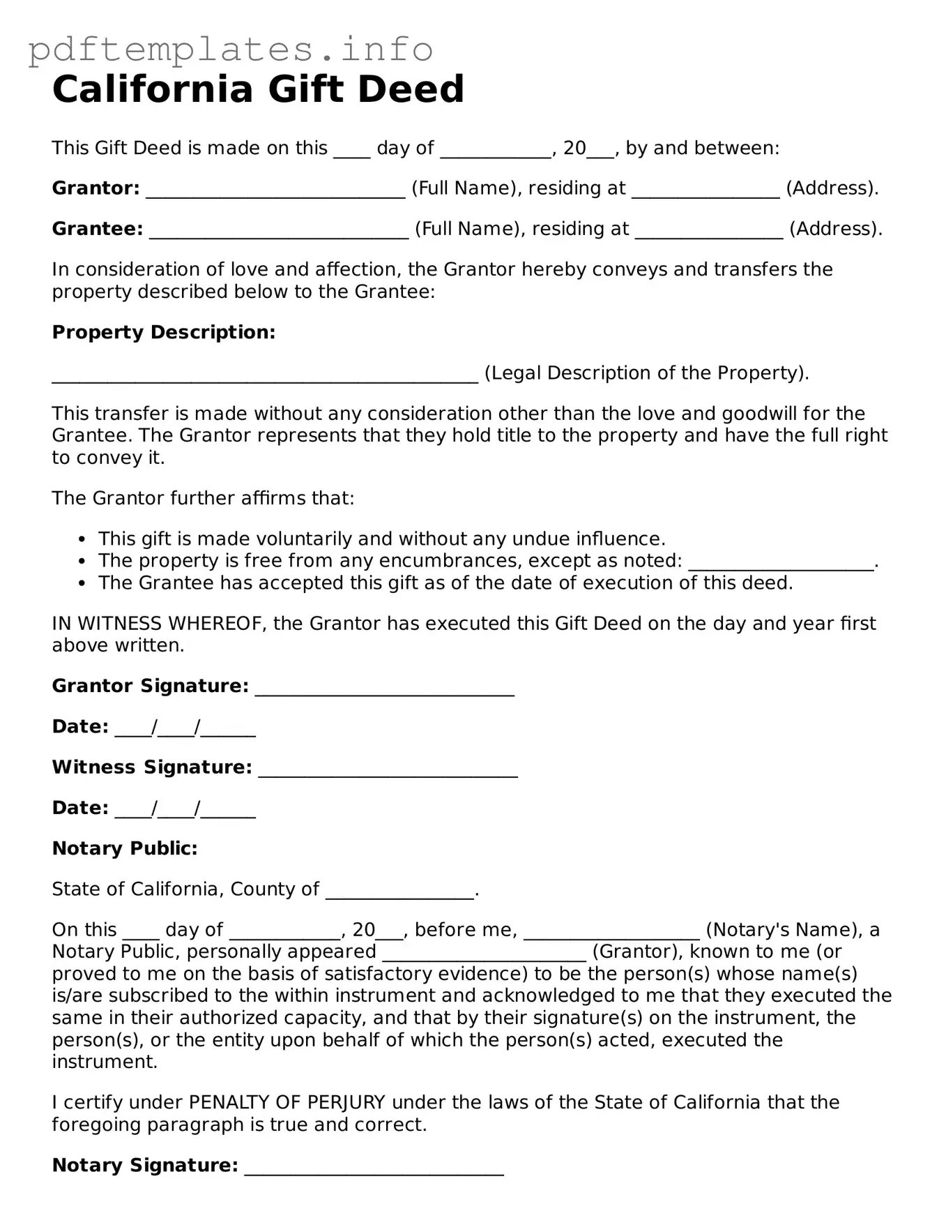 Blank Gift Deed Form for California State