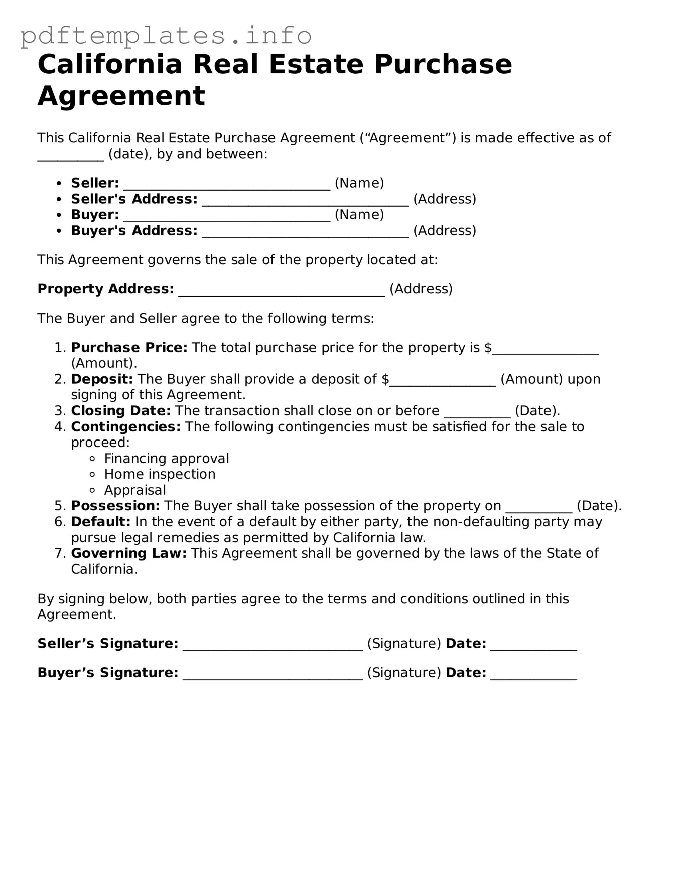 Blank Real Estate Purchase Agreement Form for California State